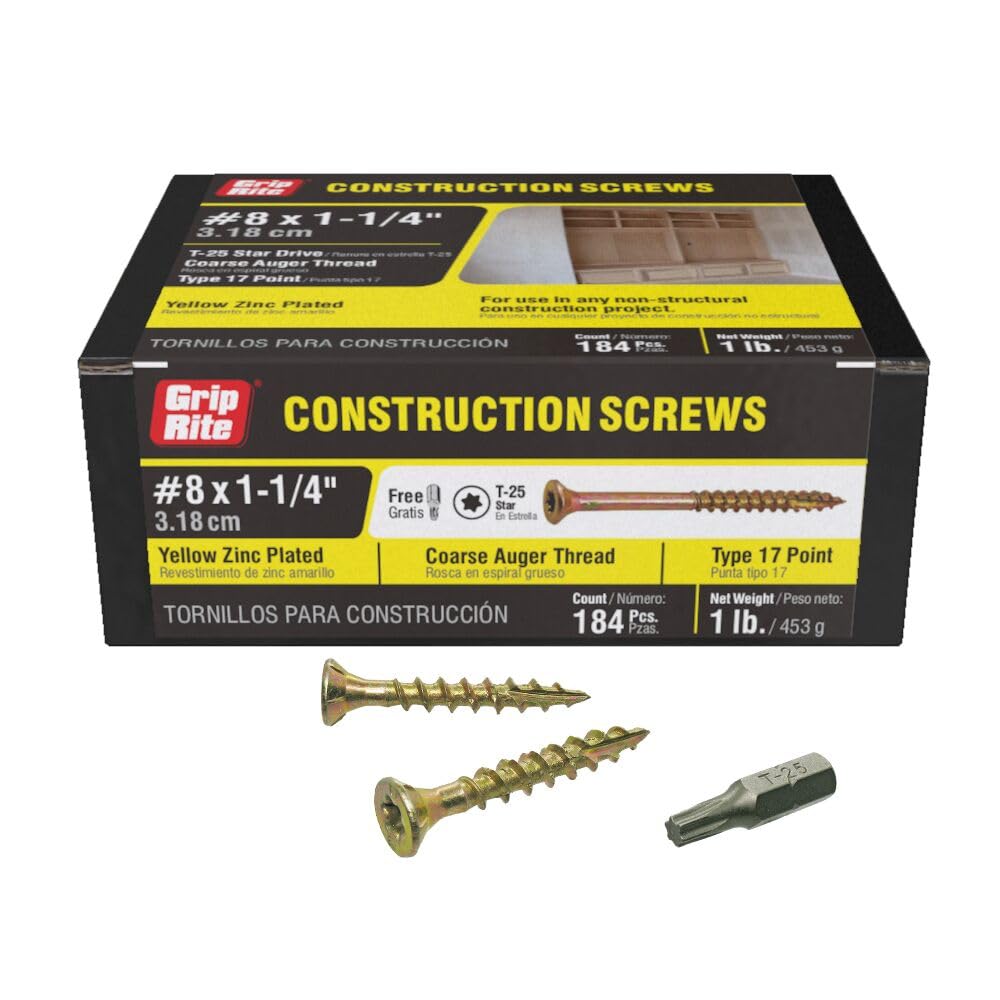 Grip Rite Prime Guard 114GCS1 T25 Star Drive Construction Screws with Type 17 Tip, 8 x 1-1/4 Inch, 1-Pound Box - Ideal for Framing, Decking, and Outdoor Projects
