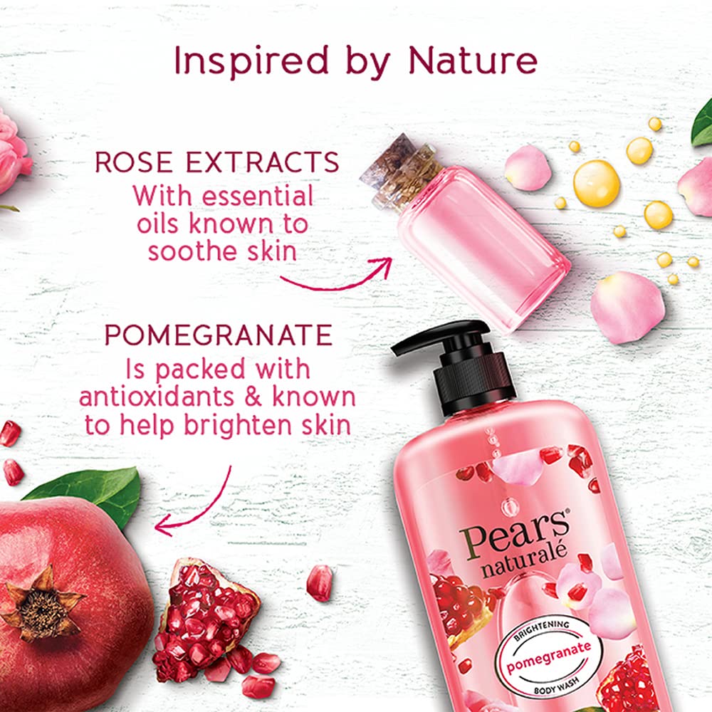 Pears Naturale Brightening Pomegranate Body Wash with Glycerin - Paraben Free, Soap Free, Eco-Friendly & Dermatologist Tested (750ml) - Hydrating & Gentle for Daily Shower & Sensitive Skin