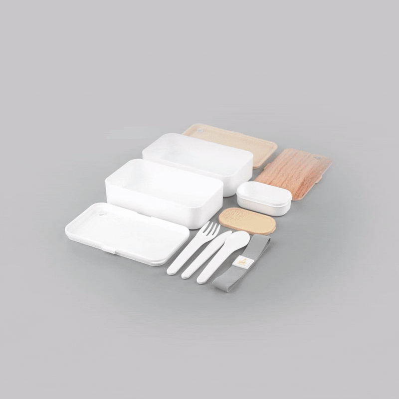 Bento Tek 41 oz Wood Grain & White Buddha Lunch Box with Utensils & Sauce Cup | 7.25