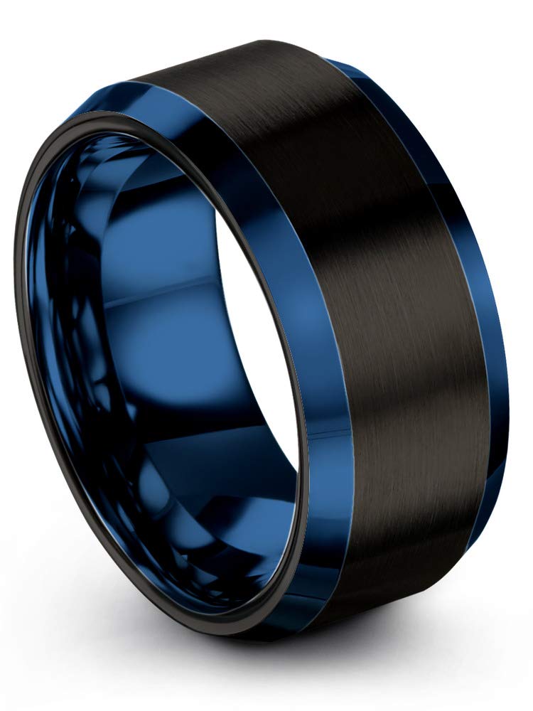 10mm Tungsten Carbide Wedding Band Ring for Men & Women - Blue Black Gunmetal with Blue Beveled Edge, Brushed & Polished Finish - Custom Engraved for Anniversary & Engagement - Perfect for Everyday Wear, Special Occasions & Gift Giving