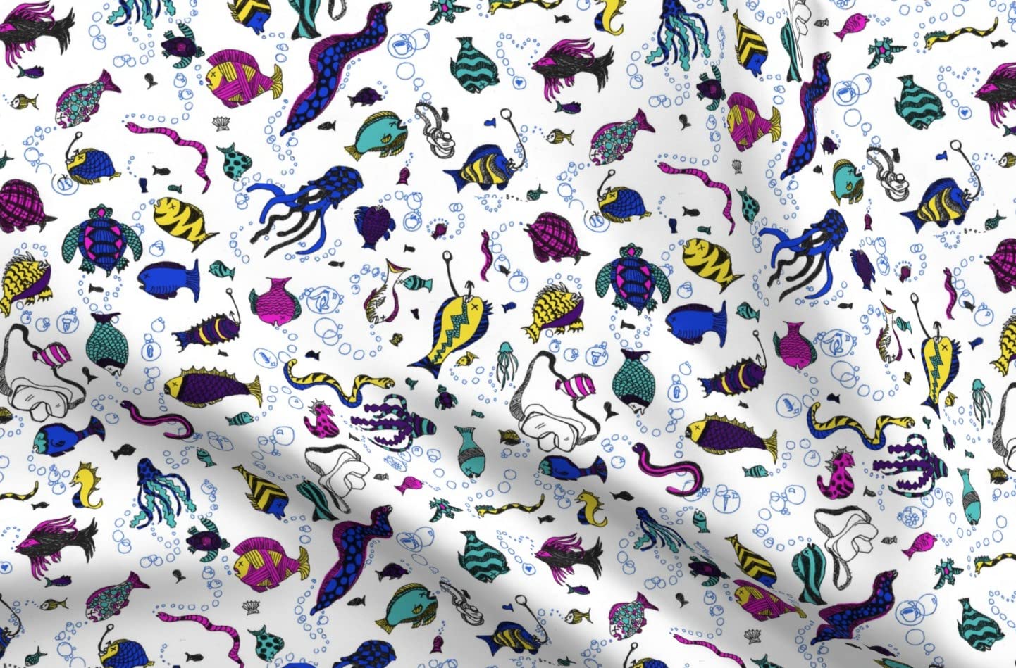 Fishing Fish Sports Playful Bubbles Printed Velvet Upholstery Fabric - Fat Quarter for Home Decor, Apparel & DIY Projects | Water Swimming Stripes Dots Design | Perfect for Curtains, Pillows & Crafting