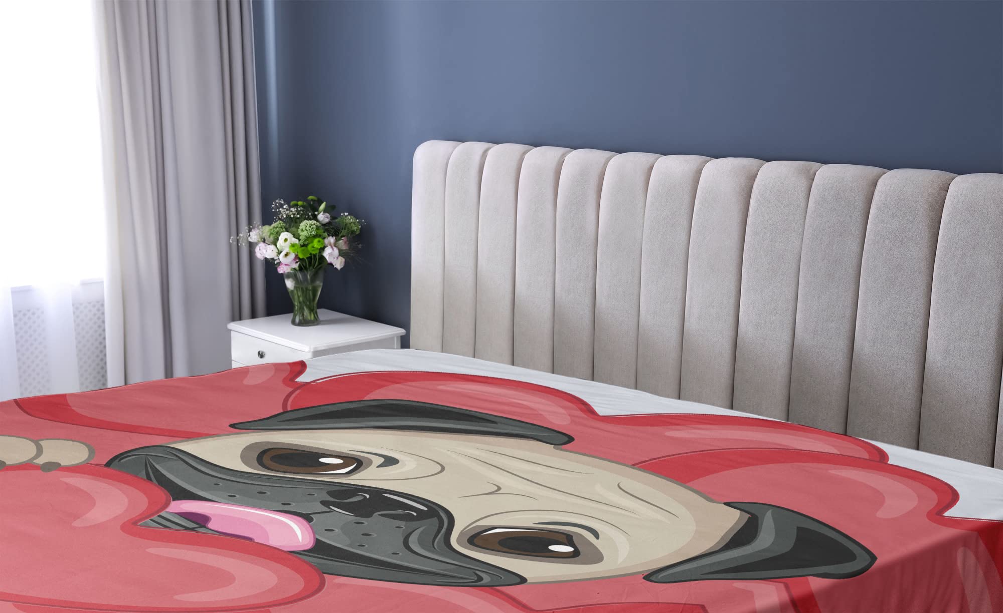 Ambesonne Pug Fitted Sheet, Dog Drawing with Hearts, Twin XL - Perfect for Pet Lovers' Bedroom Decor
