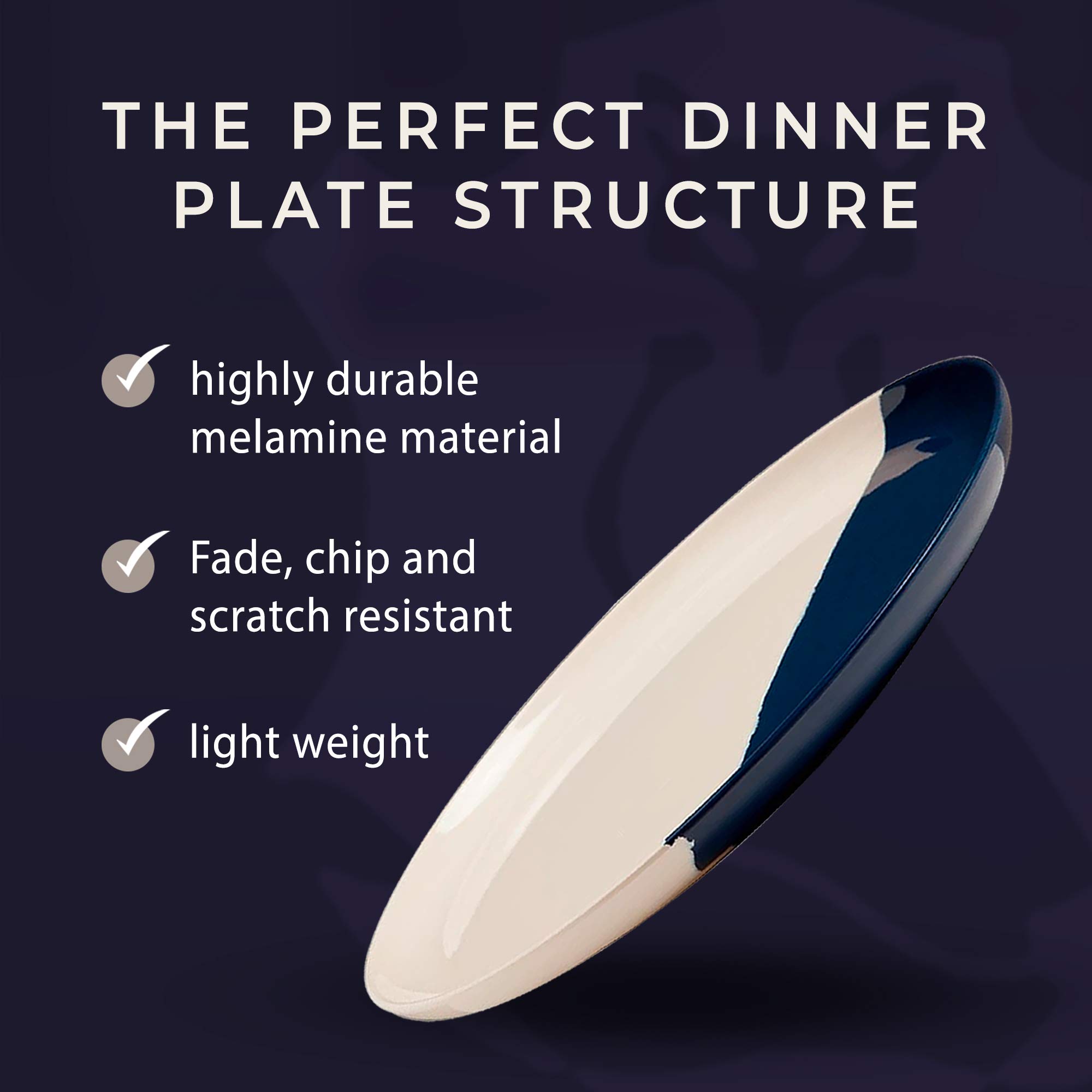 Durable Melamine Dinner Plates Set of 4 - Break & Chip-Resistant, Dishwasher Safe Dinnerware for Kids & Adults - Perfect for Indoor, Outdoor, Picnics & Parties (Ivory/Navy)