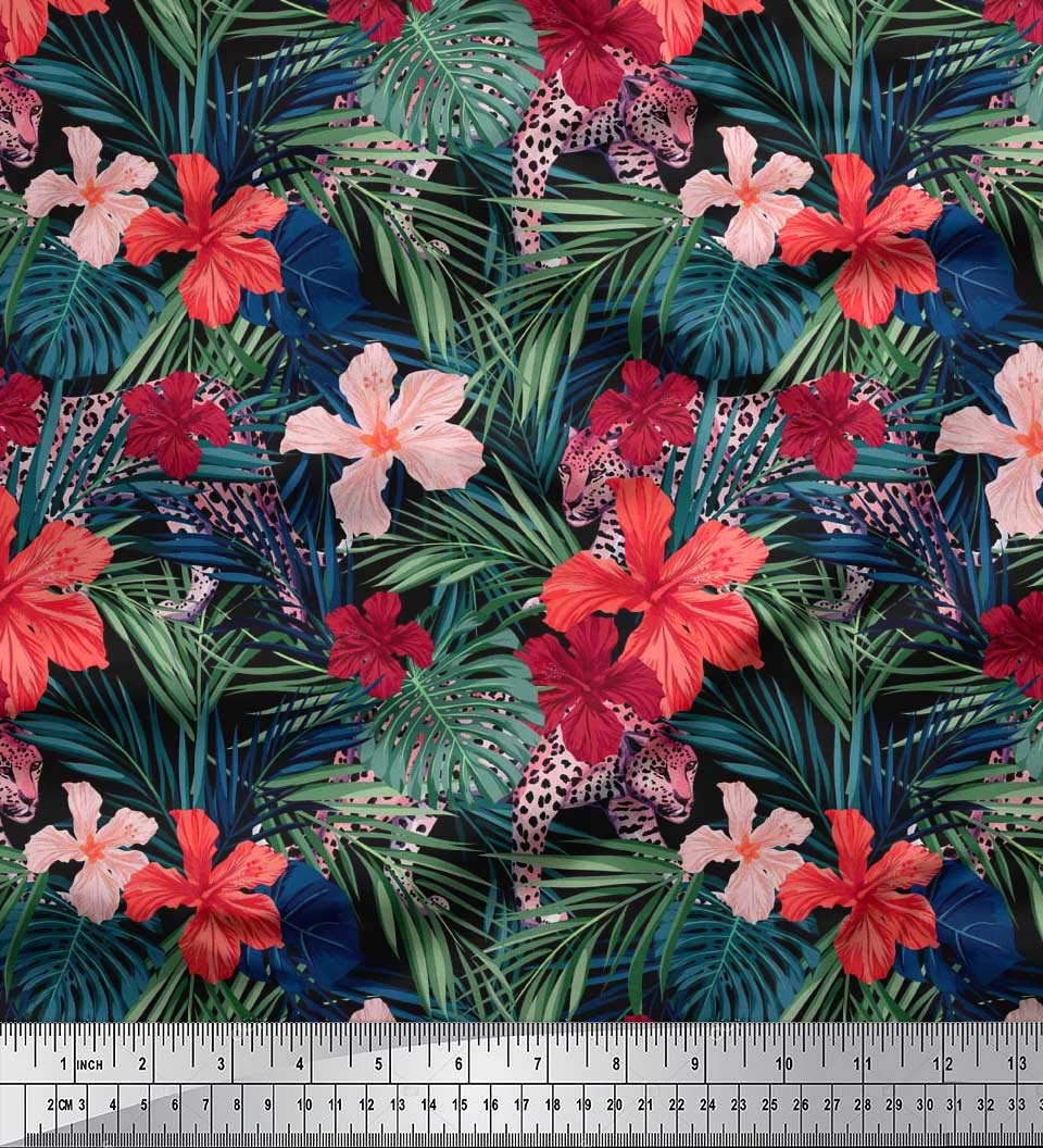 Soimoi 100% Cotton Jersey Fabric by The Yard - 58 Inch Wide - Orange Floral & Tropical Leaves Print for DIY Dresses, Skirts, and Home Decor