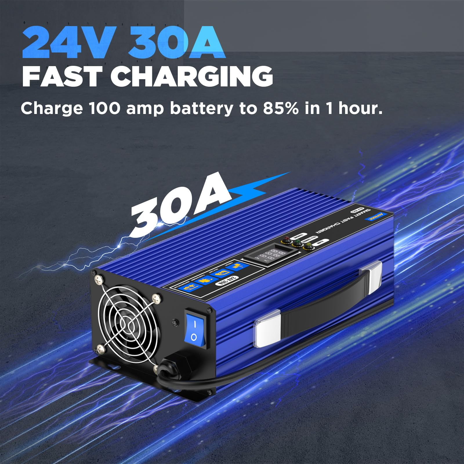 AUTOOL 24V 30A Smart Forklift Battery Charger - Fully Automatic for Electric Pallet Jacks, Forklifts & Club Cars - LCD Display & Cooling Fan - Ideal for 200AH-300AH Lead-Acid Batteries - Perfect for Warehouses, Distribution Centers & Industrial Charging Stations