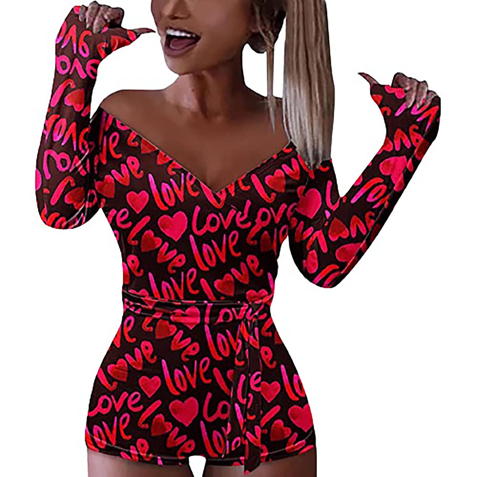 **Trendy Women's Casual Overalls - Long Sleeve V-Neck Bandage Jumpsuit with Love Graphic | Perfect for Everyday Wear, Dates & Street Fashion**