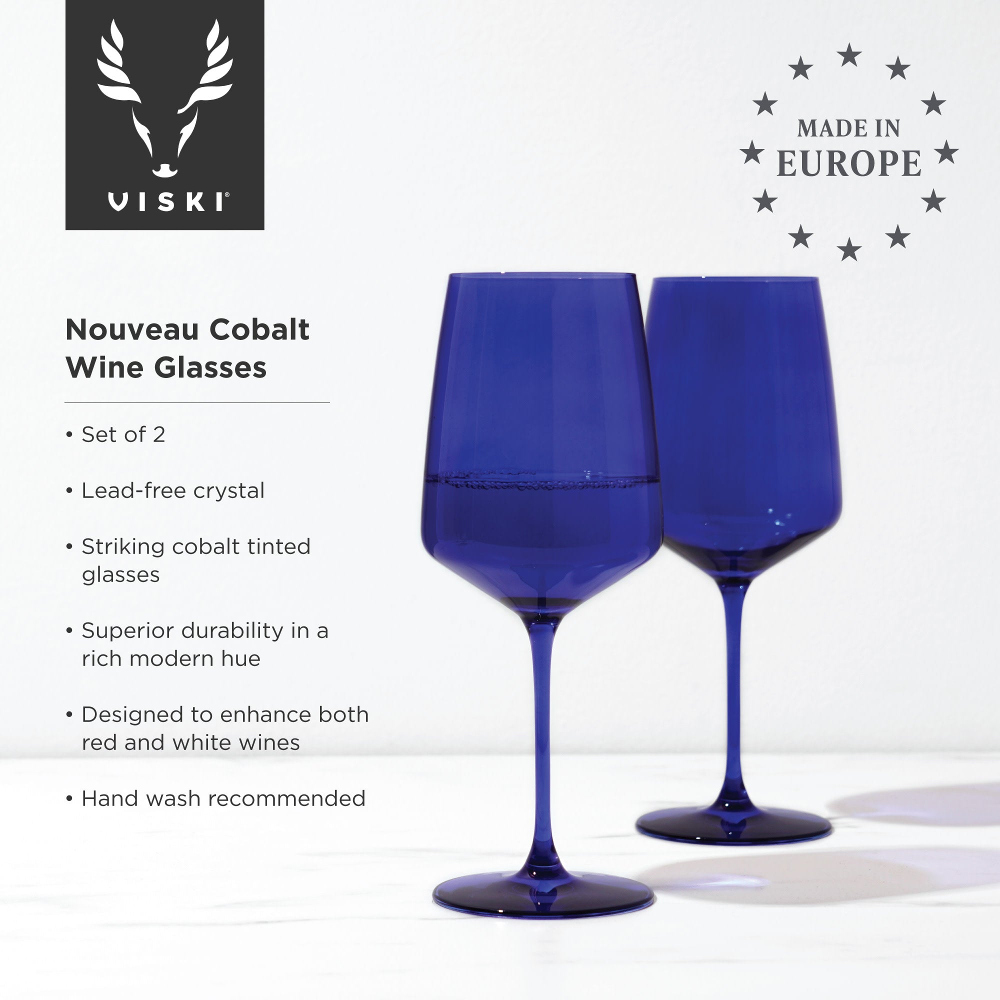 Premium Reserve Nouveau Crystal Wine Glasses - Set of 2 Cobalt Blue Stemware for Red & White Wine - Perfect for Dinner Parties, Weddings & Romantic Evenings