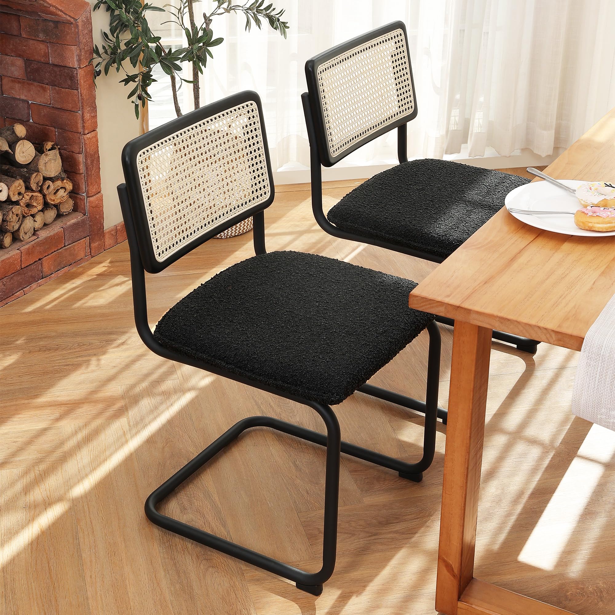 ONEVOG Set of 2 Modern Boucle Dining Chairs - Upholstered Cane Chairs with Natural Rattan Back & Sturdy Metal Frame - Comfortable Accent Chairs for Dining Room, Kitchen or Living Room Decor - Perfect for Small Spaces & Modern Home Interiors (Black)