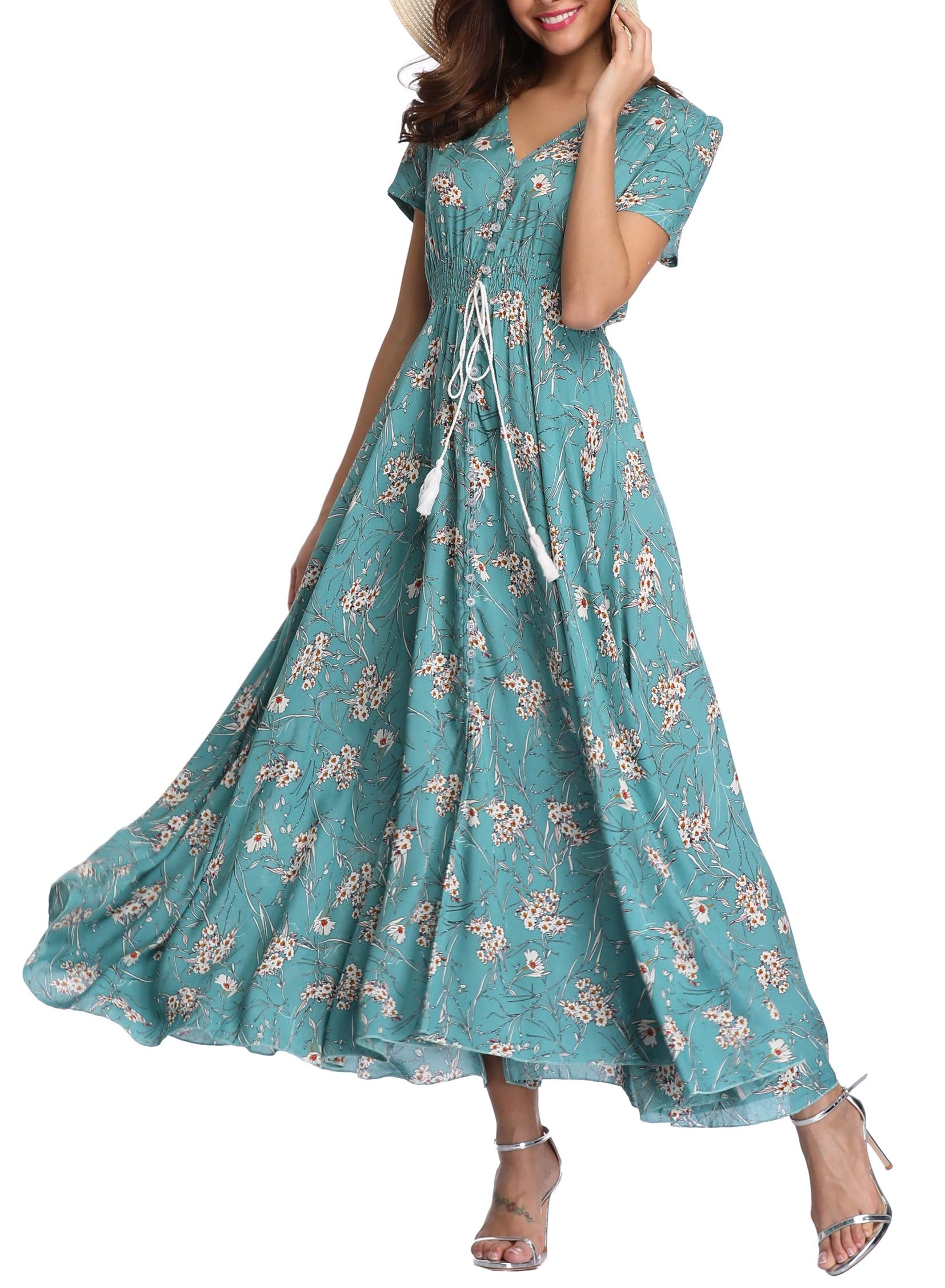 Women's Floral Maxi Dress - Casual Long Summer Boho Beach Dress with Short Sleeve & Button Up Split - Perfect for Beach Vacations, Music Festivals & Summer Parties