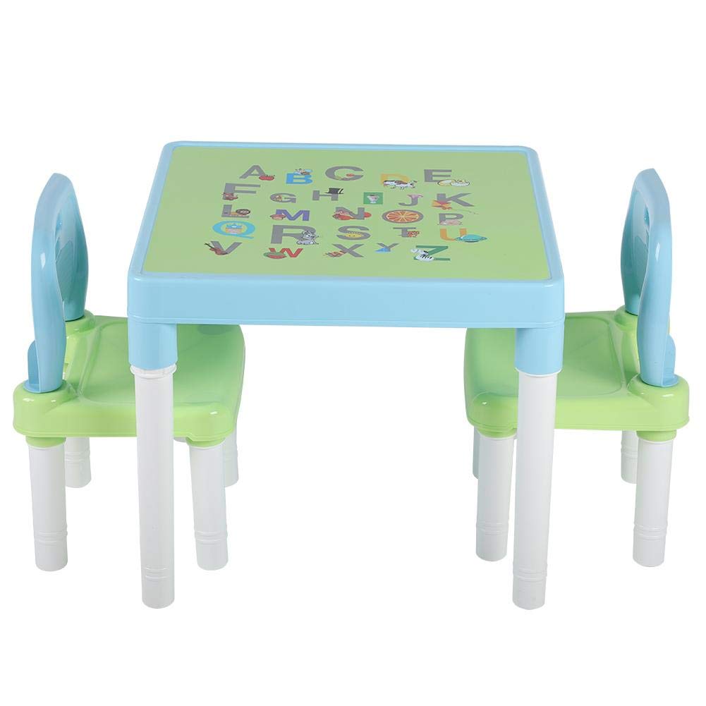 Dwawoo Kids Table and Chair Set - Alphabet Design Plastic Children's Furniture for Eating, Reading, Drawing & Playtime (Green & Blue) - Perfect for Preschool Learning, Homeschool Activities & Toddler Playroom