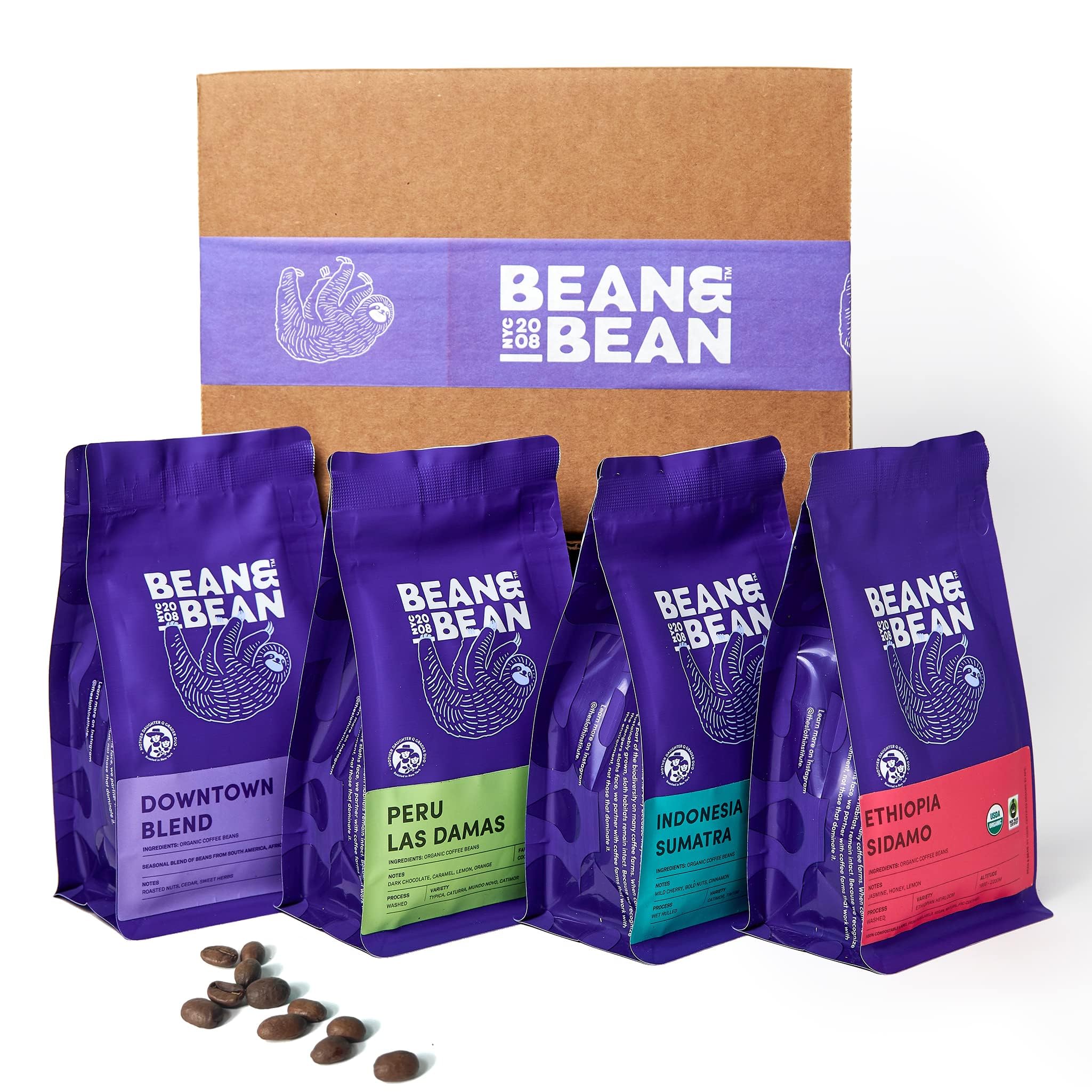 Bean & Bean Around the World Coffee Gift Set - 4 Organic Fair Trade Single Origin Coffee Samplers (4 x 4oz Ground Coffee) - Medium Roast Global Coffee Basket - Perfect for Coffee Lovers, Housewarming Gifts & Office Treats