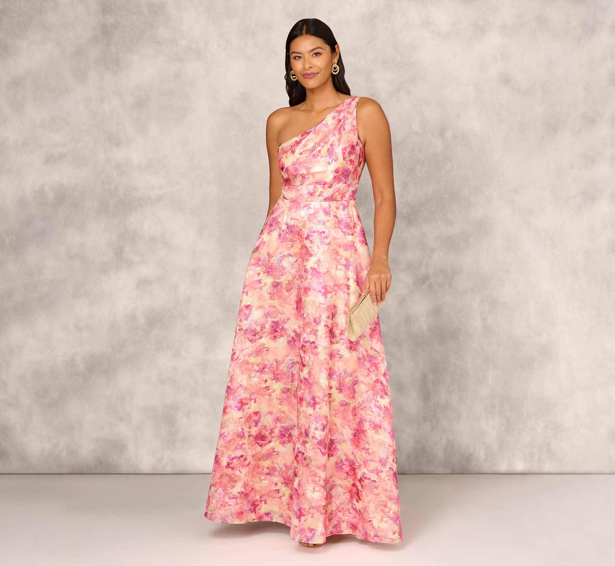 Elegant Printed Jacquard One Shoulder Ball Gown with Pleat Details - Red Multi Color Formal Dress for Prom, Evening Gala & Special Occasions