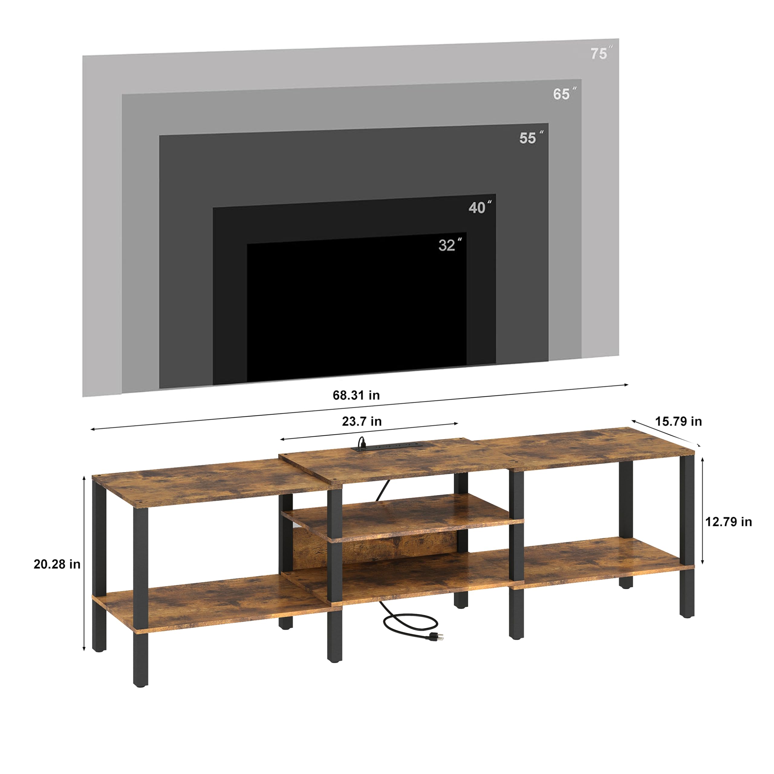Industrial Rustic Brown Wood TV Stand with Power Outlet - 45/55/65/75 Inch LED TV Media Console & Entertainment Center for Living Room - Perfect for Home Theater Setup & Modern Living Spaces
