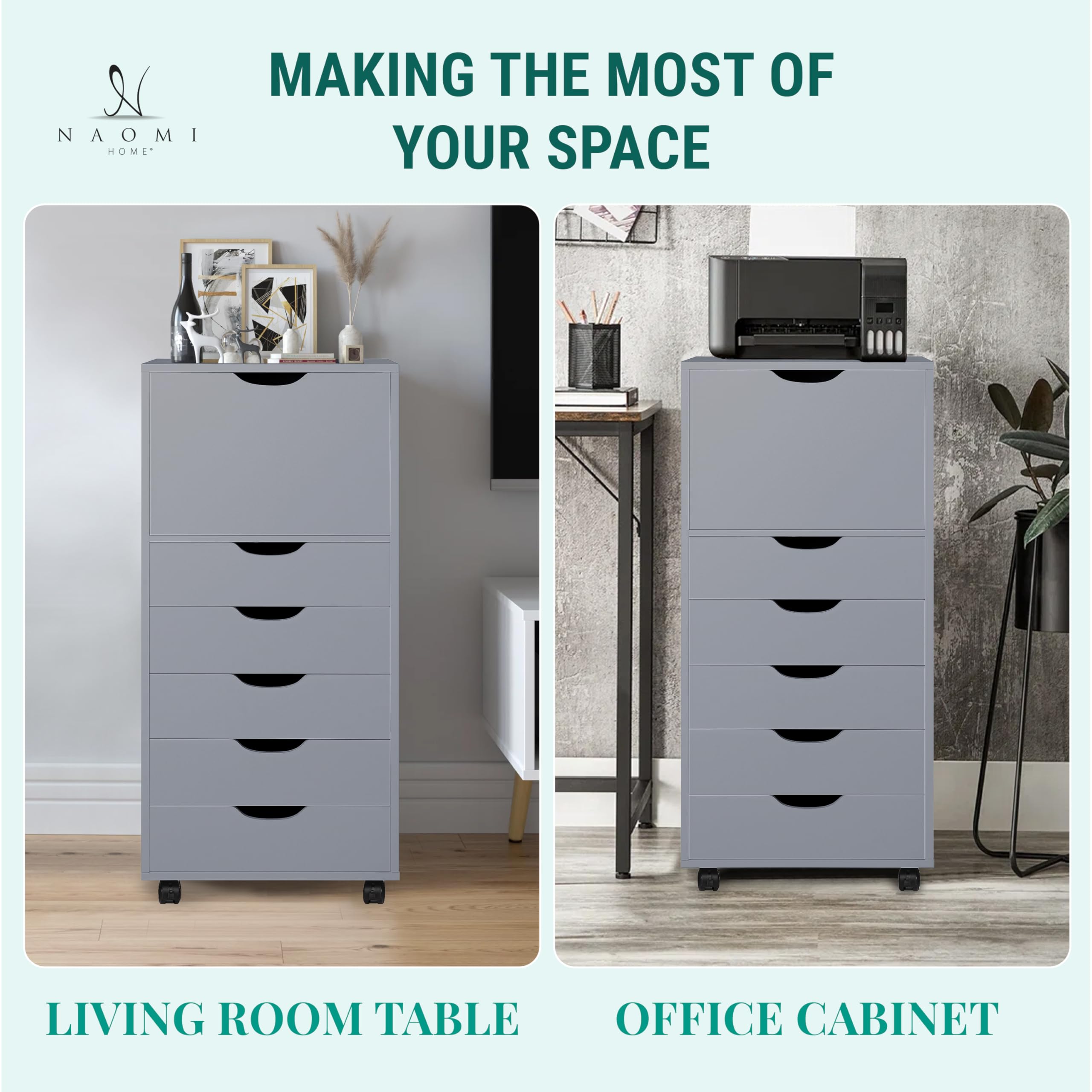 Naomi Home 6-Drawer Rolling Storage Chest - Gray Office Cabinet for Organizing Files, Supplies & Stationery | Perfect for Home Office, Classroom & Workspace Storage