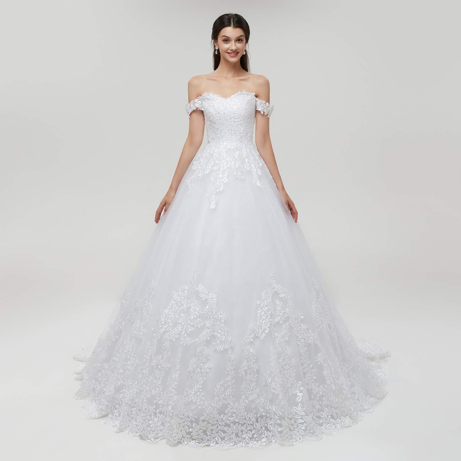 Elegant White Off-Shoulder Wedding Dress with Applique Details - Women's Ball Gown Bridal Gown for Formal Weddings & Special Occasions | Perfect for Church Ceremonies, Beach Weddings & Evening Receptions
