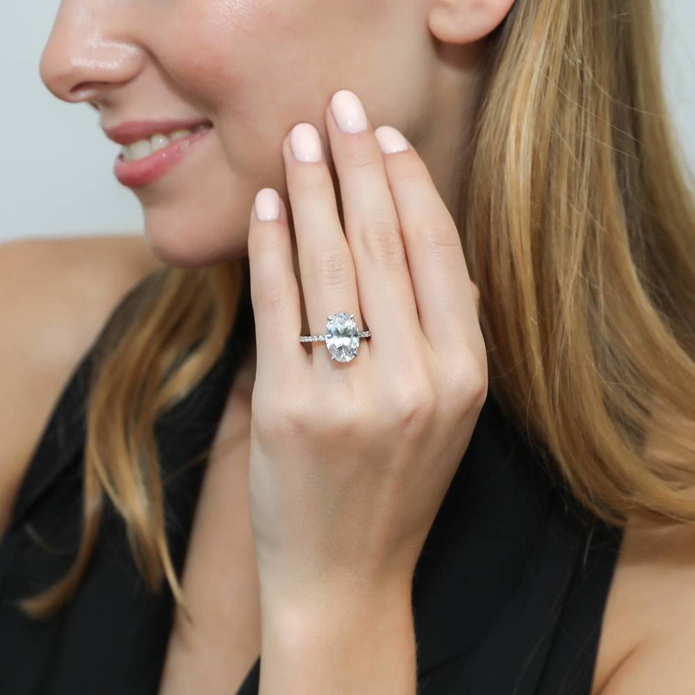 BERRICLE 5.5 Carat Oval Cut Cubic Zirconia Sterling Silver Engagement Ring Set with Hidden Halo for Women - Rhodium Plated, Size 4-10 | Wedding, Proposal, Anniversary Gift Idea