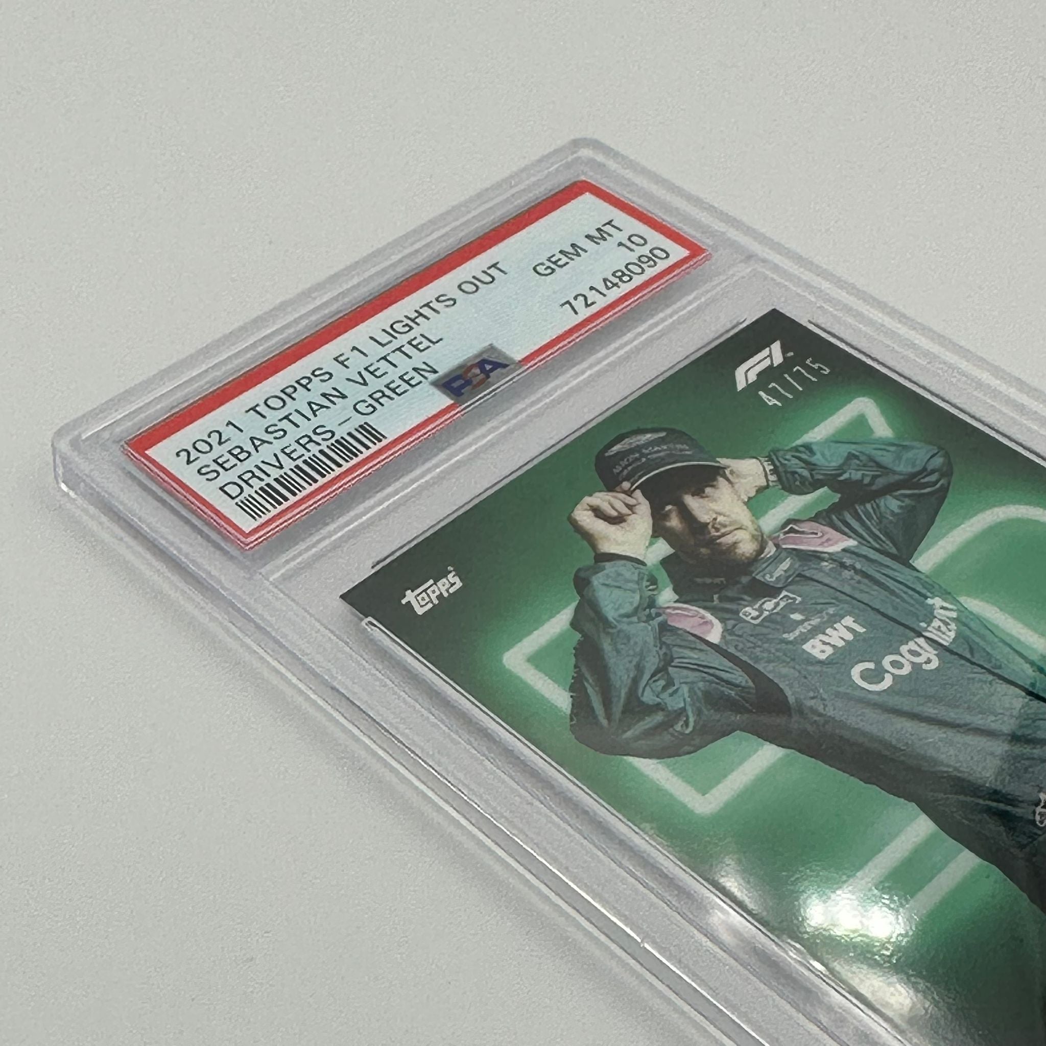 PSA 10 47/75 Sebastian Vettel Green Parallel Racing Card - Rare Collectible F1 Memorabilia for Sports Fans & Card Collectors - Perfect for Display, Trading, and Investment