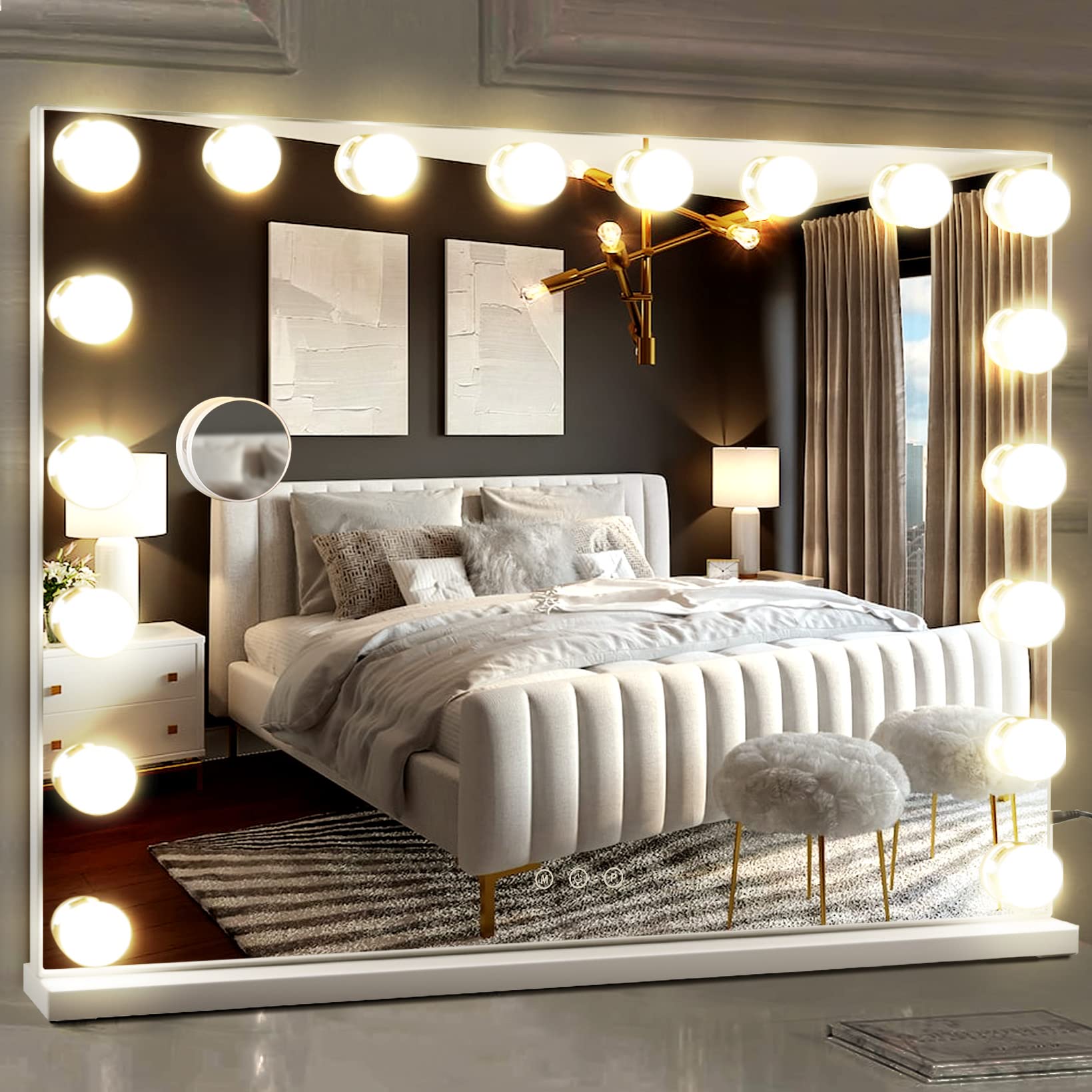 MIVONDA Hollywood Vanity Mirror with 18 LED Bulbs - Large Lighted Makeup Mirror with Dimmable 3 Lighting Modes, Plug-in & USB Charger Port (White) - Perfect for Dressing Table, Bedroom, Bathroom & Professional Makeup Artists