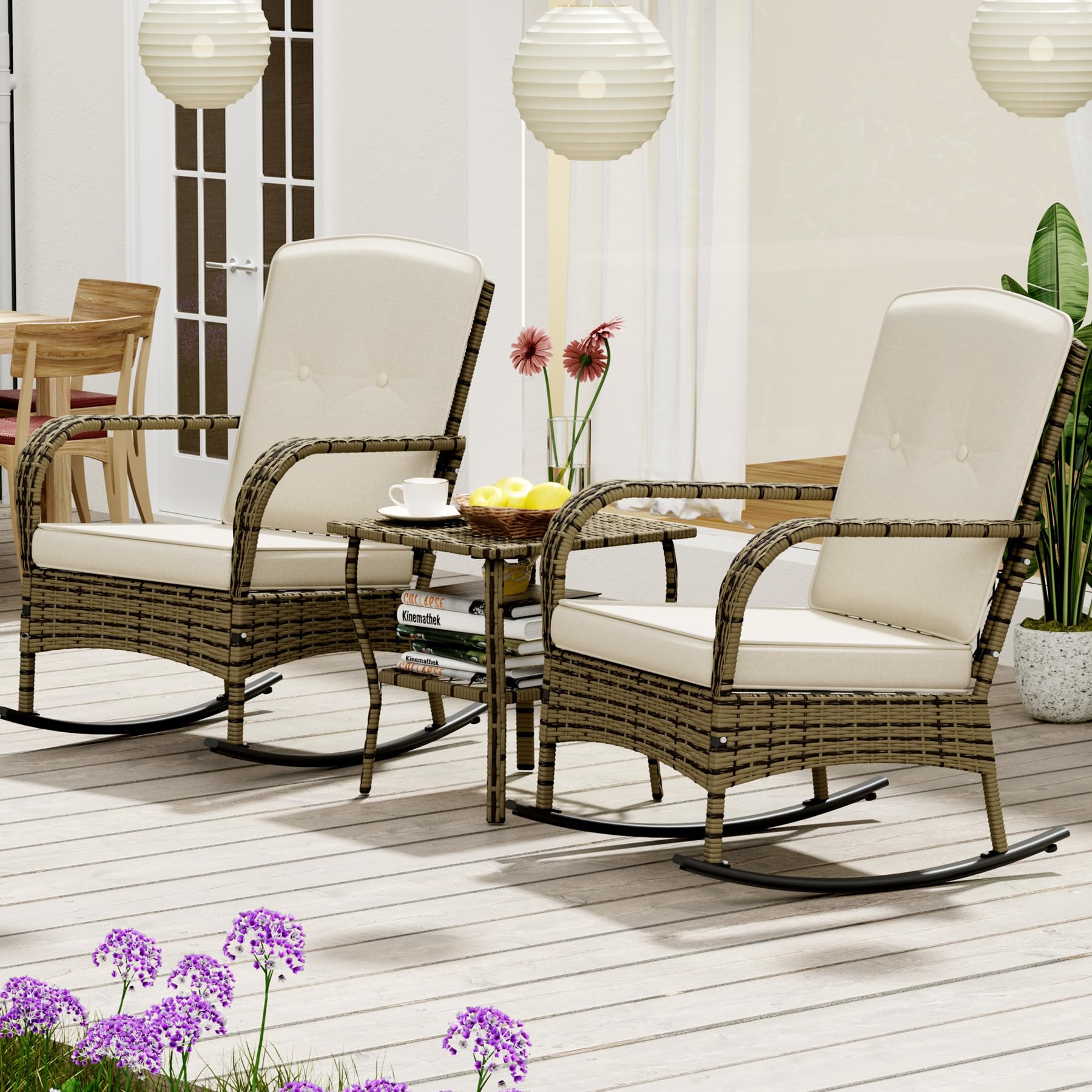 3-Piece Patio Conversation Set with Outdoor Rocking Chair & Wicker Bistro Table - Beige Porch Furniture for Deck, Garden, Poolside Relaxation | Perfect for Backyard Lounging, Outdoor Entertaining & Sunset Chats