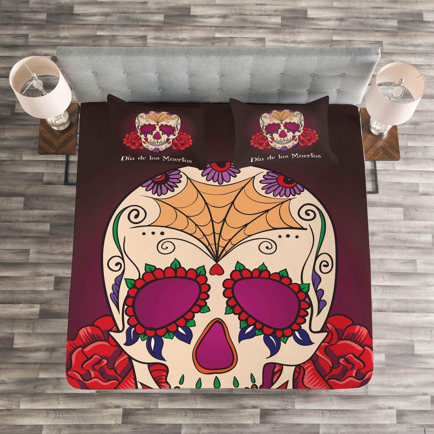 Ambesonne Day of The Dead Bedspread Set - Dia de Los Muertos Spanish Skull & Skeleton Print 3-Piece King Size Bedding (Coverlet + 2 Pillow Shams) in Plum Red Cream - Vibrant Mexican Theme for Halloween, Home Decor & Cultural Celebration