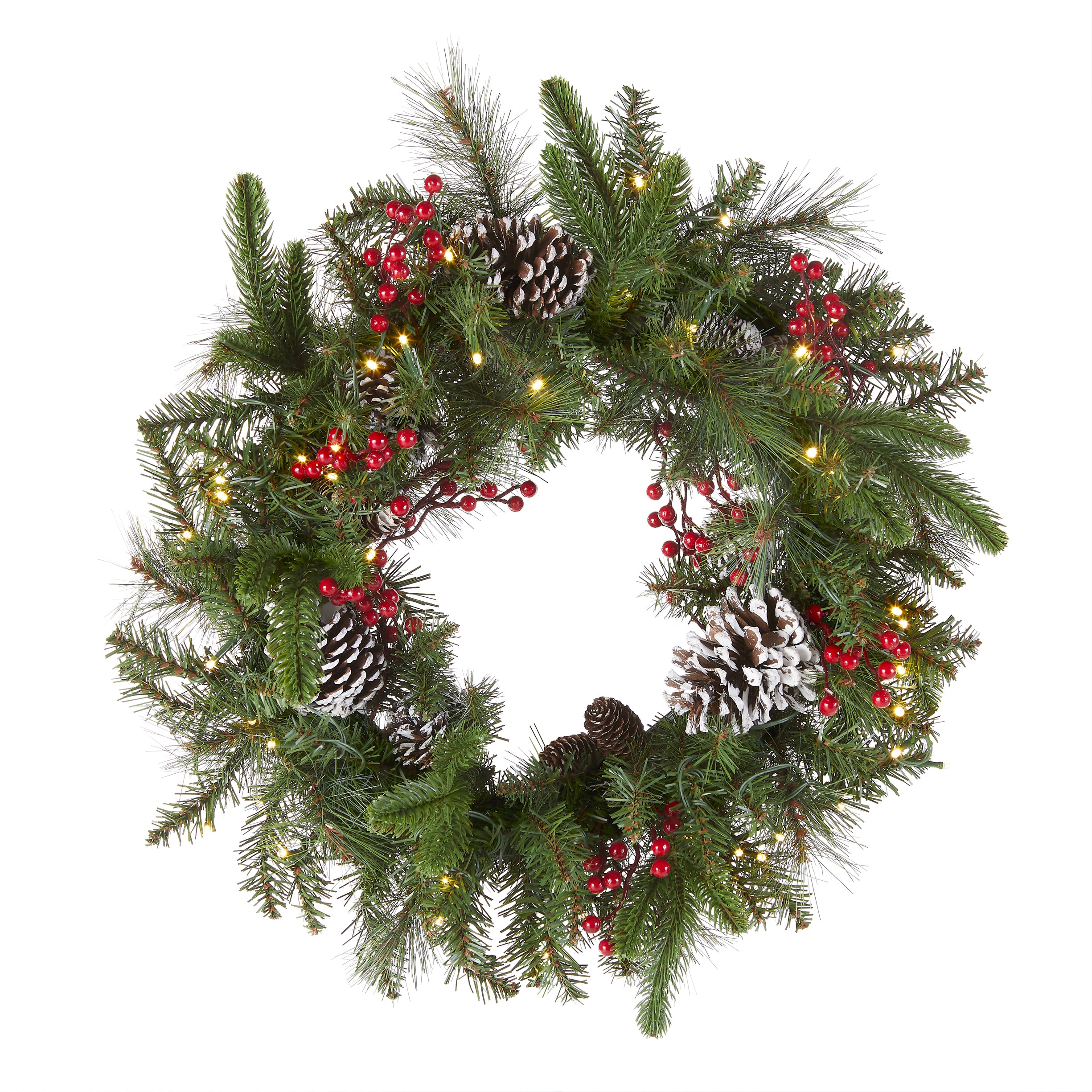 24 Inch Pre-Lit Bristle Berry Wreath with Warm White LED Lights - Christmas Holiday Door Decor for Home, Office & Outdoor Use
