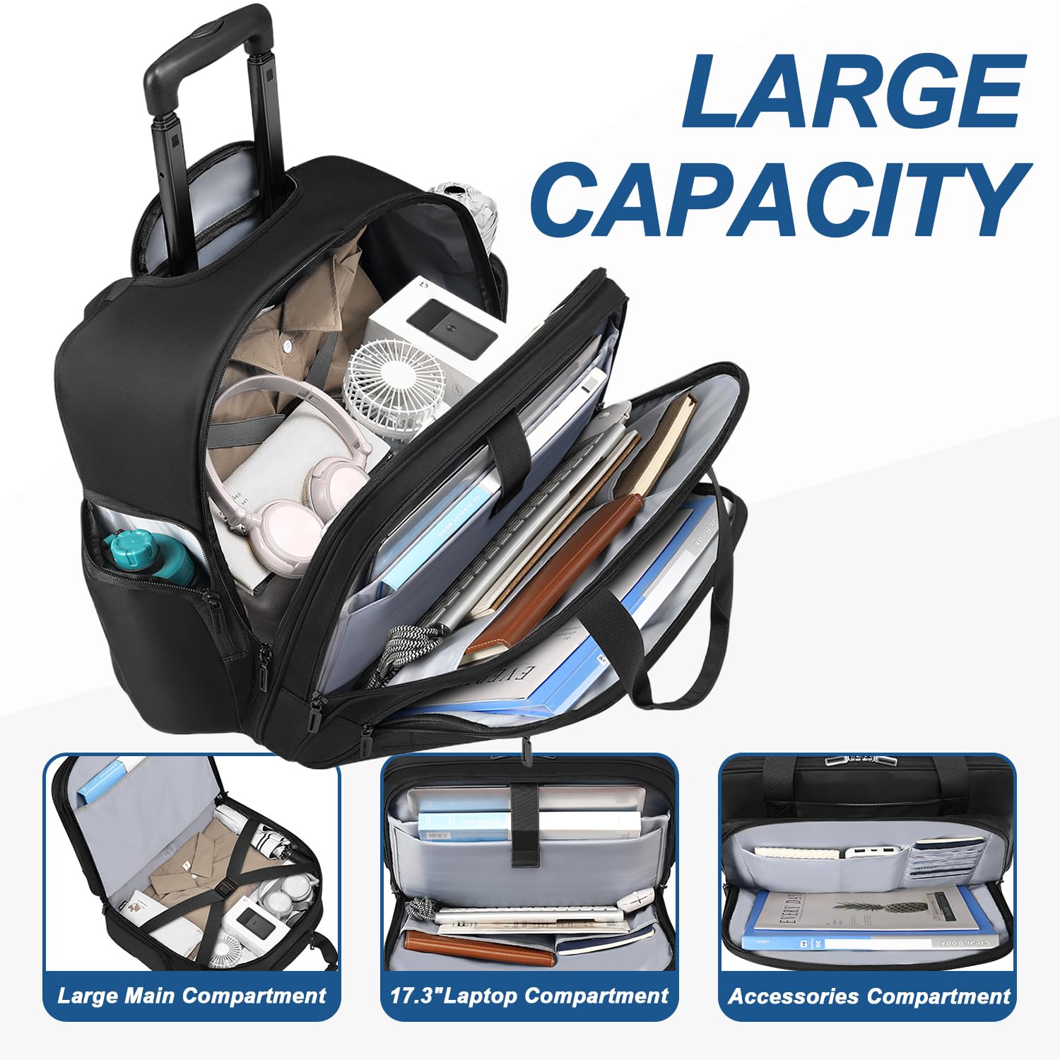 17.3 Inch Rolling Laptop Bag with Wheels - Waterproof Computer Briefcase for Men & Women | Travel, Work, Office & Business Use | Durable Laptop Case for Professionals & Commuters