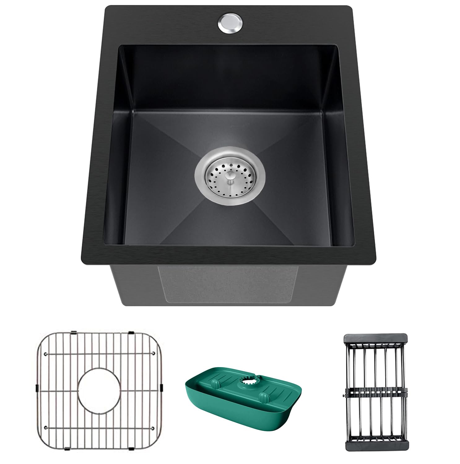 15x17x9 Inch Black Stainless Steel Topmount Bar Sink - Single Bowl Drop-In Kitchen Sink Combo with Grid, Drain Basket & Faucet Mat | Modern Kitchen Upgrade for Small Spaces & Bar Areas
