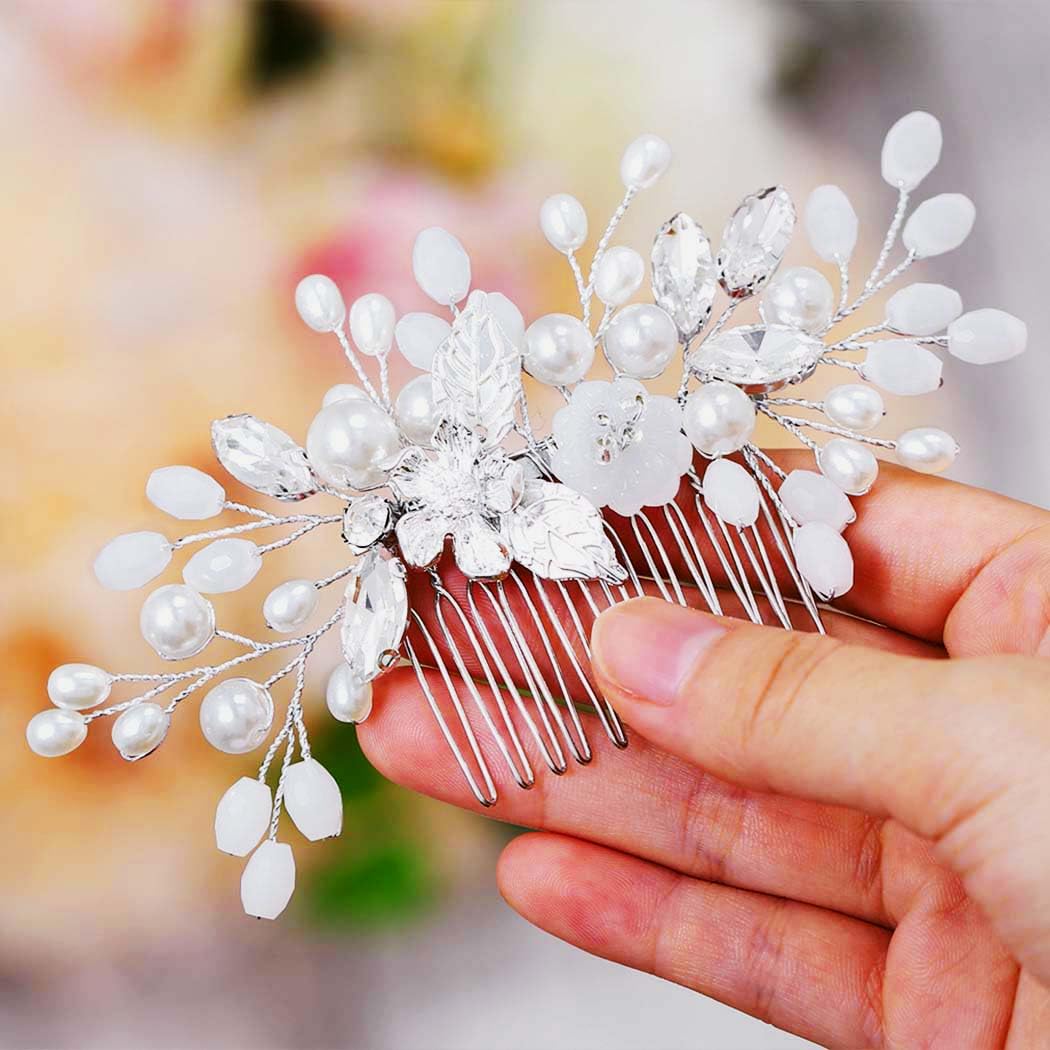 Silver Pearl Bridal Hair Comb - Crystal Flower Hair Accessories for Weddings & Parties