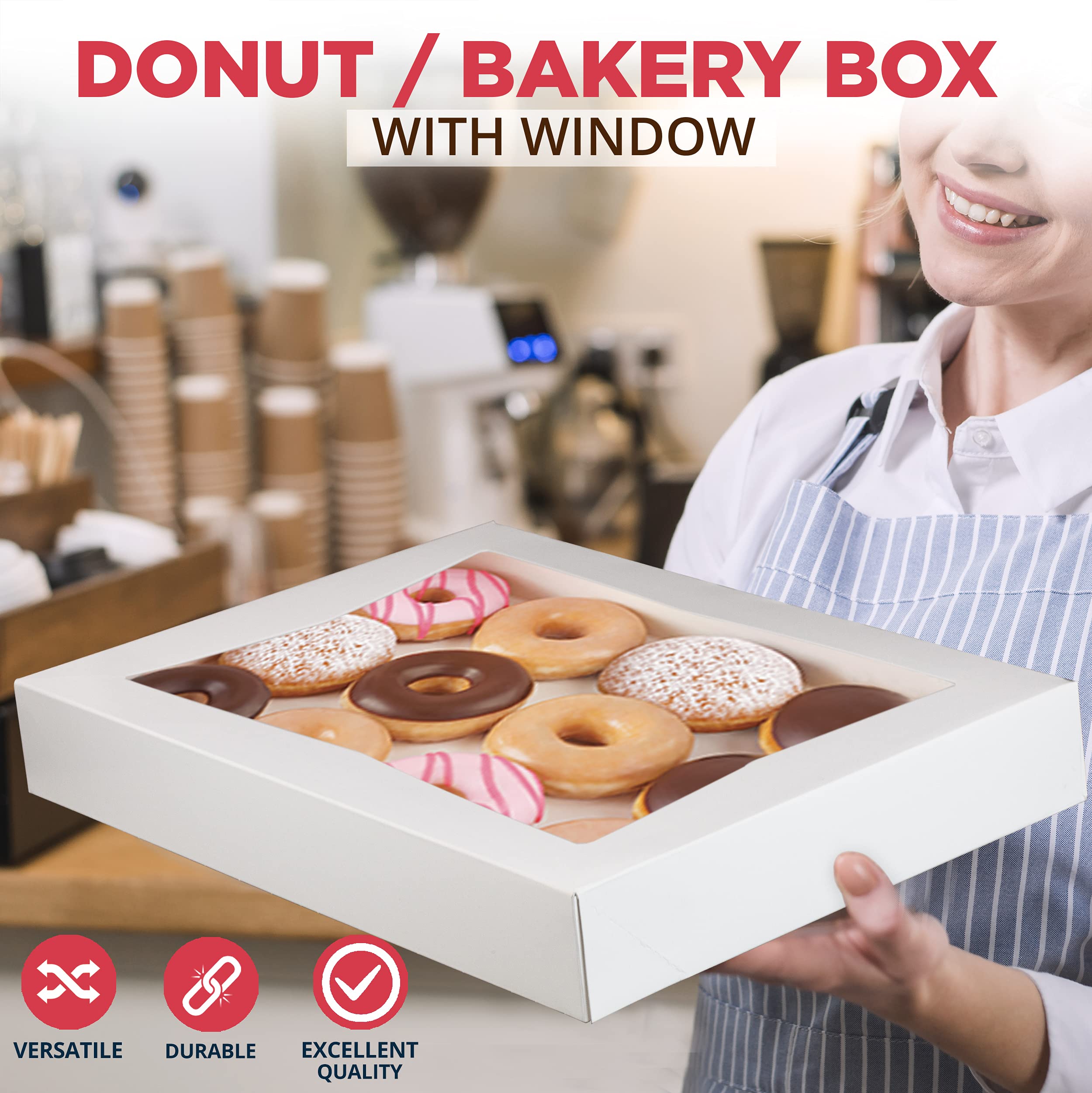 100 Pack 16x12x2.25 Inch White Bakery Boxes with Window - Perfect for 12 Donuts, Auto-Popup Cardboard Gift Packaging, Baking Containers for Cookies, Brownies, Pastries & Bread - Ideal for Bakeries, Cafes, Catering & Home Baking