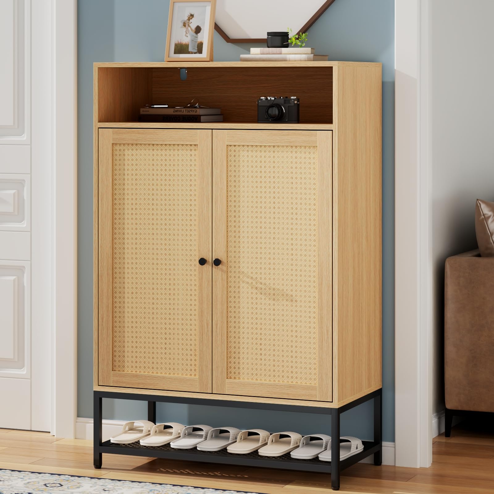 7-Tier Rattan Shoe Storage Cabinet with Adjustable Shelves & Doors - Entryway Shoe Organizer for Hallway, Closet, Living Room | Perfect for Small Spaces & Home Organization