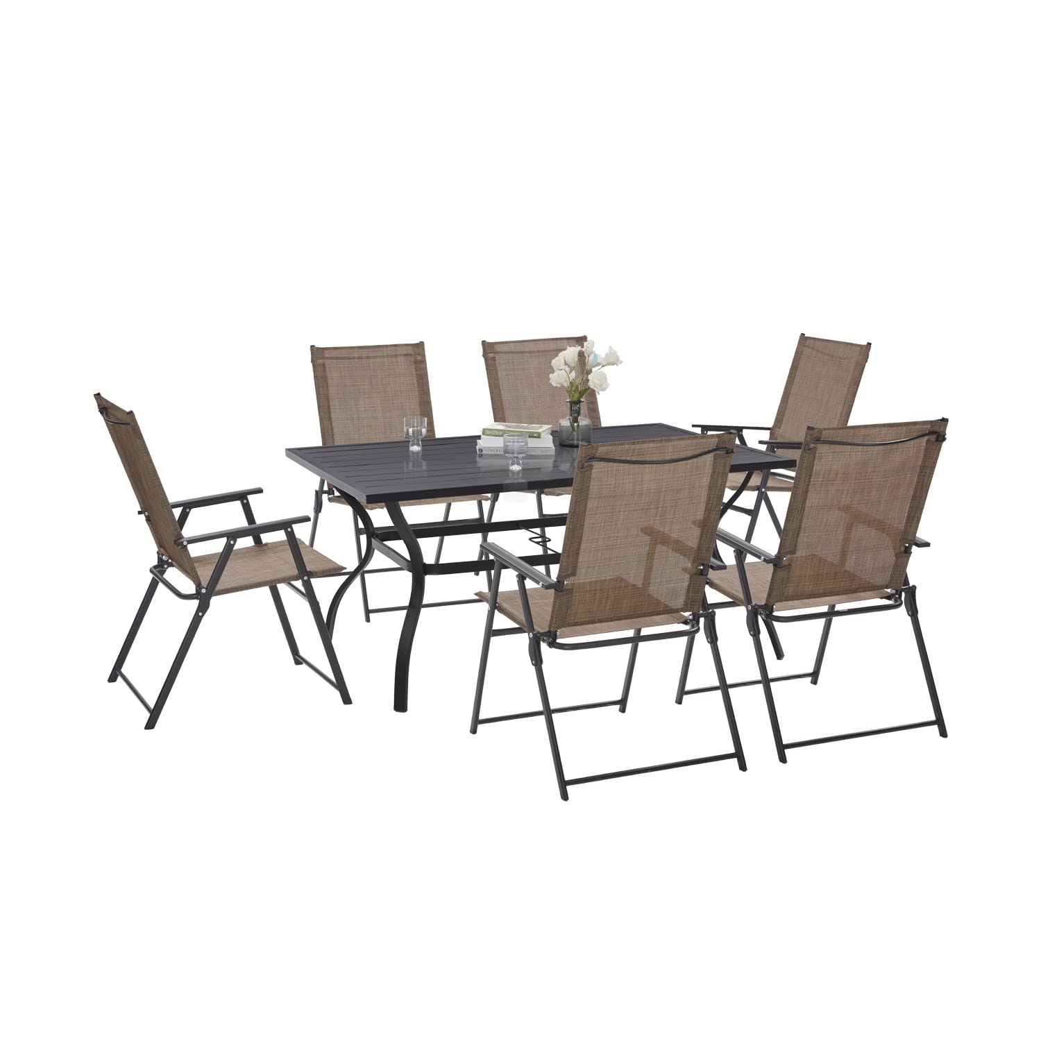 Vicllax 7-Piece Outdoor Dining Table Set for 6 with Folding Chairs - Brown Patio Furniture for Backyard, Garden, and Poolside Gatherings