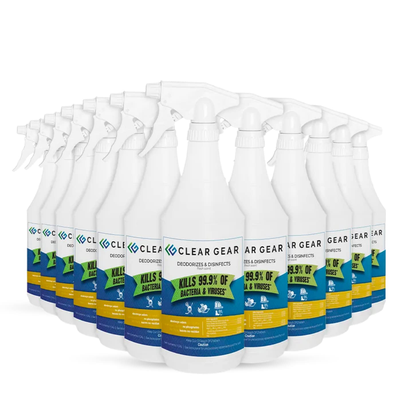 Clear Gear - EPA-Registered Hospital Grade Disinfectant Cleaner & Deodorizer for Sports Equipment, Gym Gear & Fitness Centers - Bleach-Free, Alcohol-Free, Ammonia-Free - Made in USA (12-Pack 32oz Bottles) - Perfect for Cleaning Yoga Mats, Weight Benches & Sports Gear
