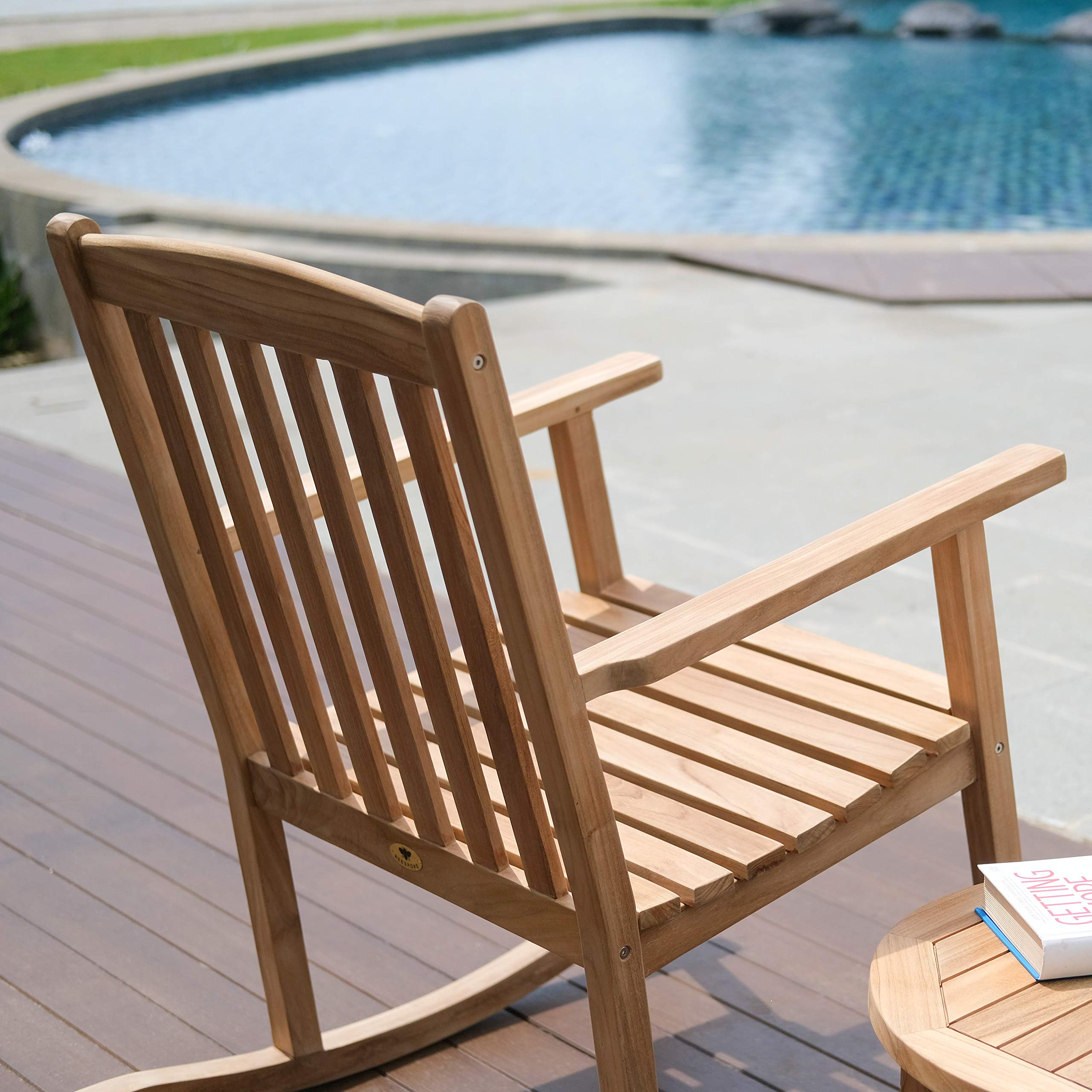 Alveare Home Bodega Classic Teak Outdoor Rocking Chair - Natural Wood Patio Rocker for Porch, Garden & Backyard Relaxation
