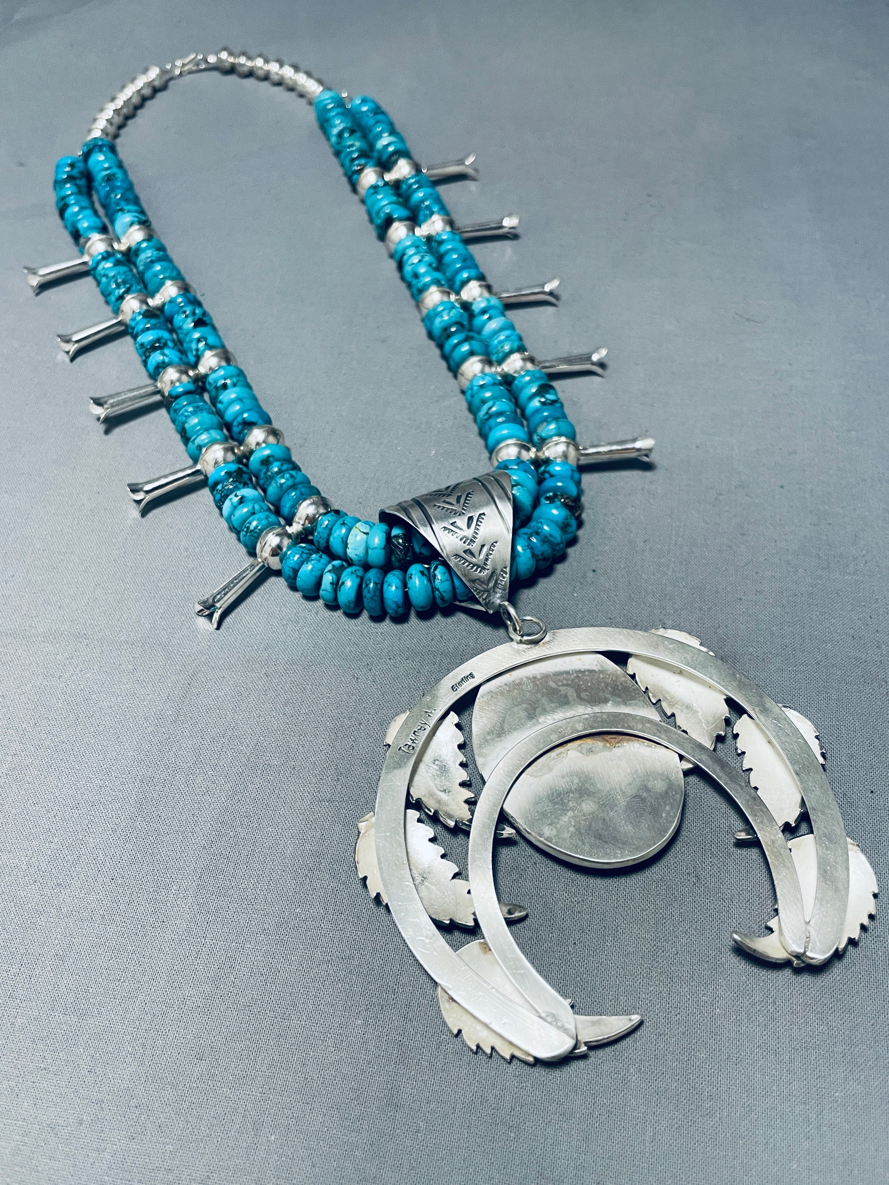 202 Gram Authentic Native American Navajo Turquoise Sterling Silver Squash Blossom Necklace - Handcrafted Jewelry for Women, Boho Fashion & Special Occasions