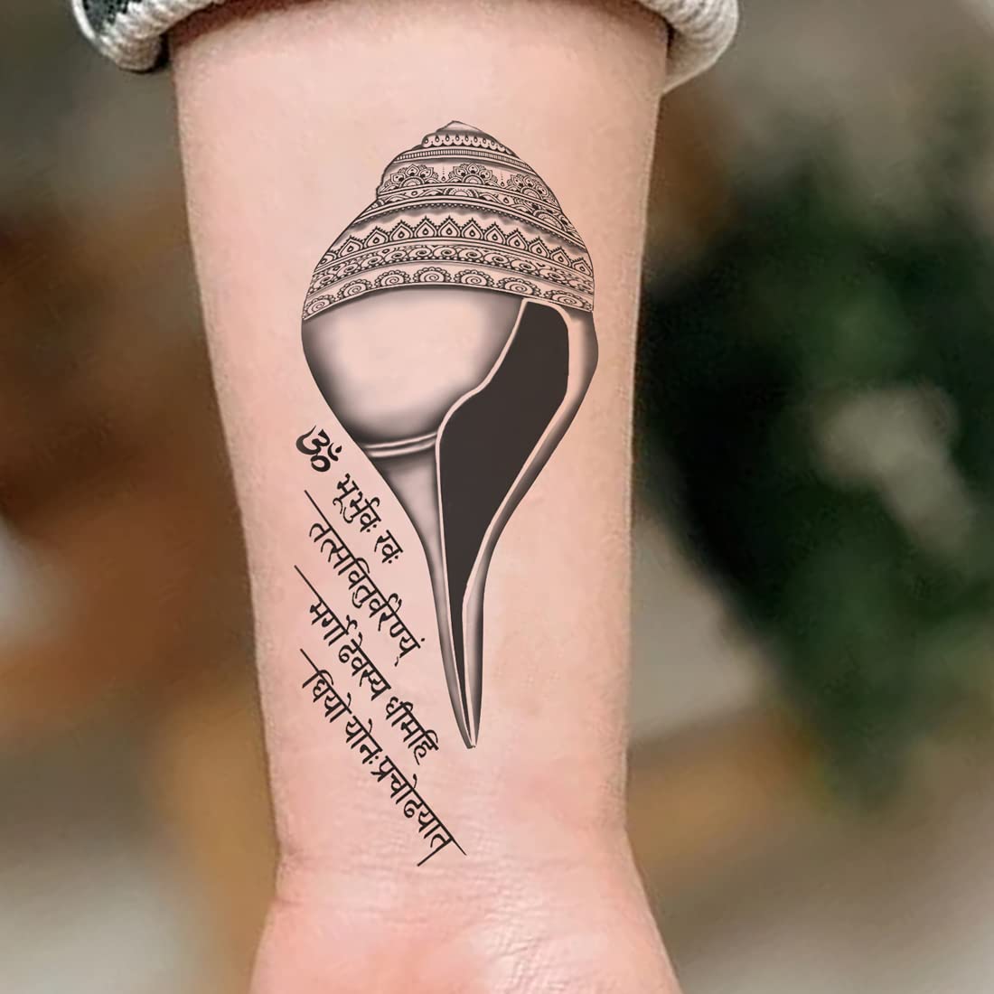 Waterproof Sankh with Gayatri Mantra Temporary Tattoo for Men & Women - Spiritual Body Art for Festivals, Yoga & Meditation
