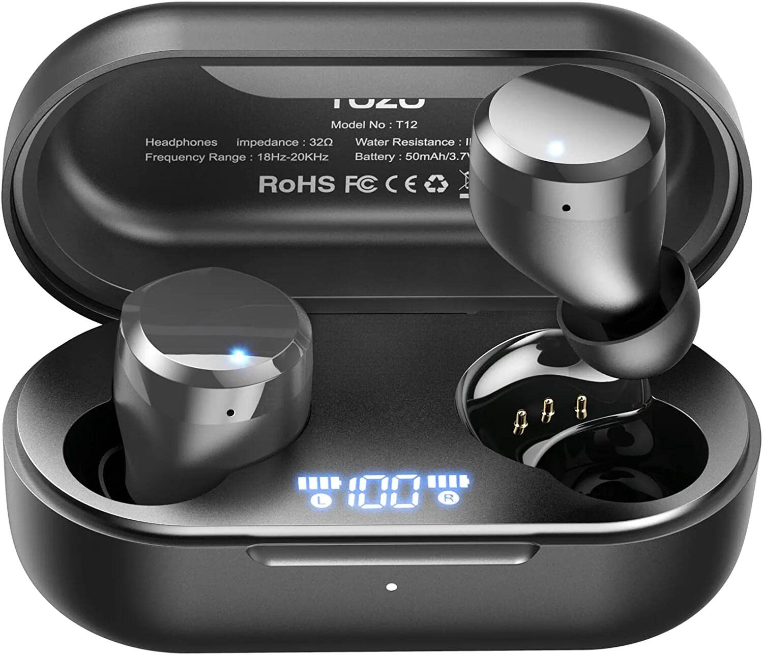 TOZO T12 Wireless Earbuds Bluetooth 5.3 - Premium Sound, Touch Control, LED Display, Wireless Charging Case (Black) | Noise Cancelling Headphones for Workout, Running, Travel & Daily Use