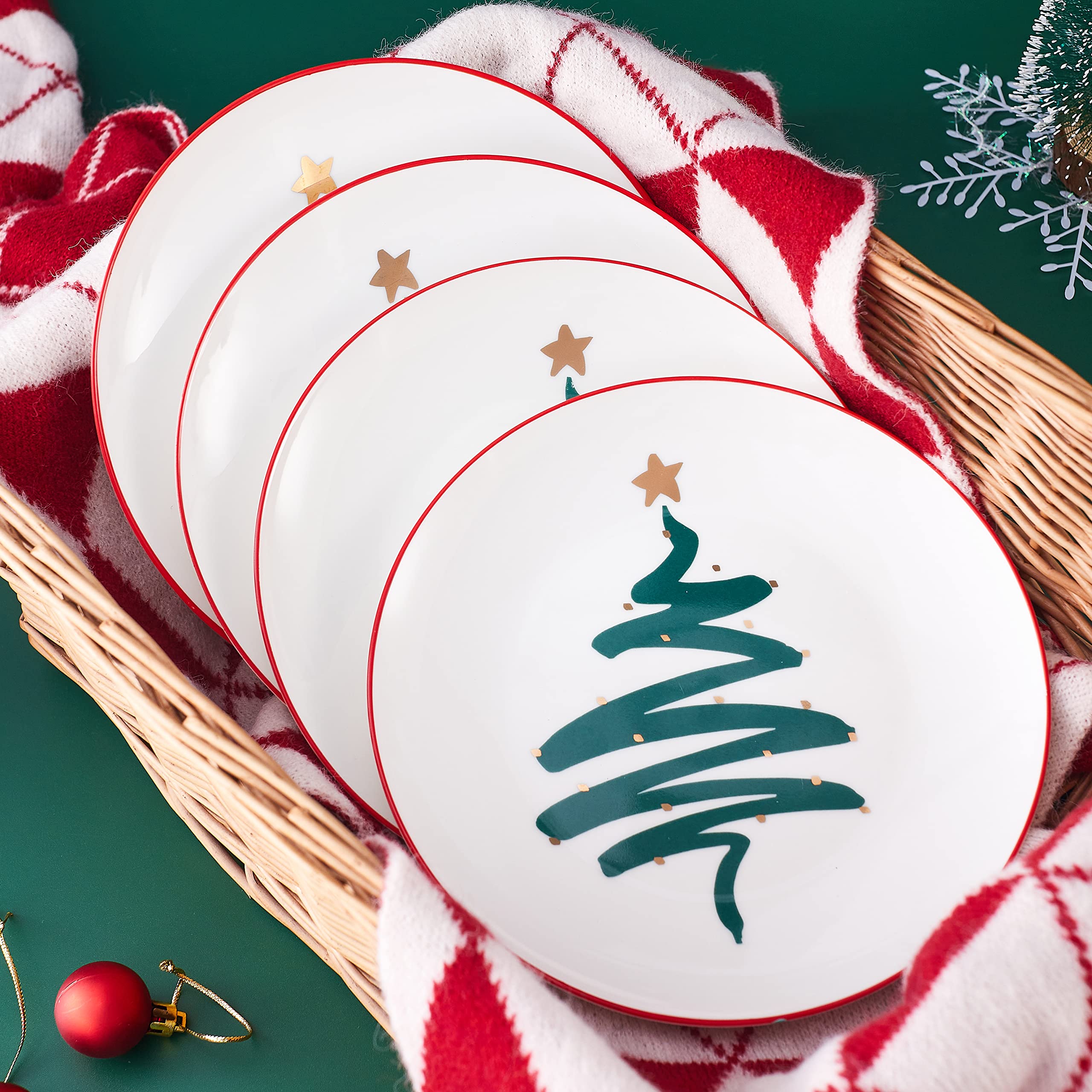 Premium Christmas Bone China Dessert Plates Set of 4 - 8 Inch Elegant Salad Plates, Oven & Dishwasher Safe - Holiday Tree Design for Festive Dining, Party Serving & Special Occasions