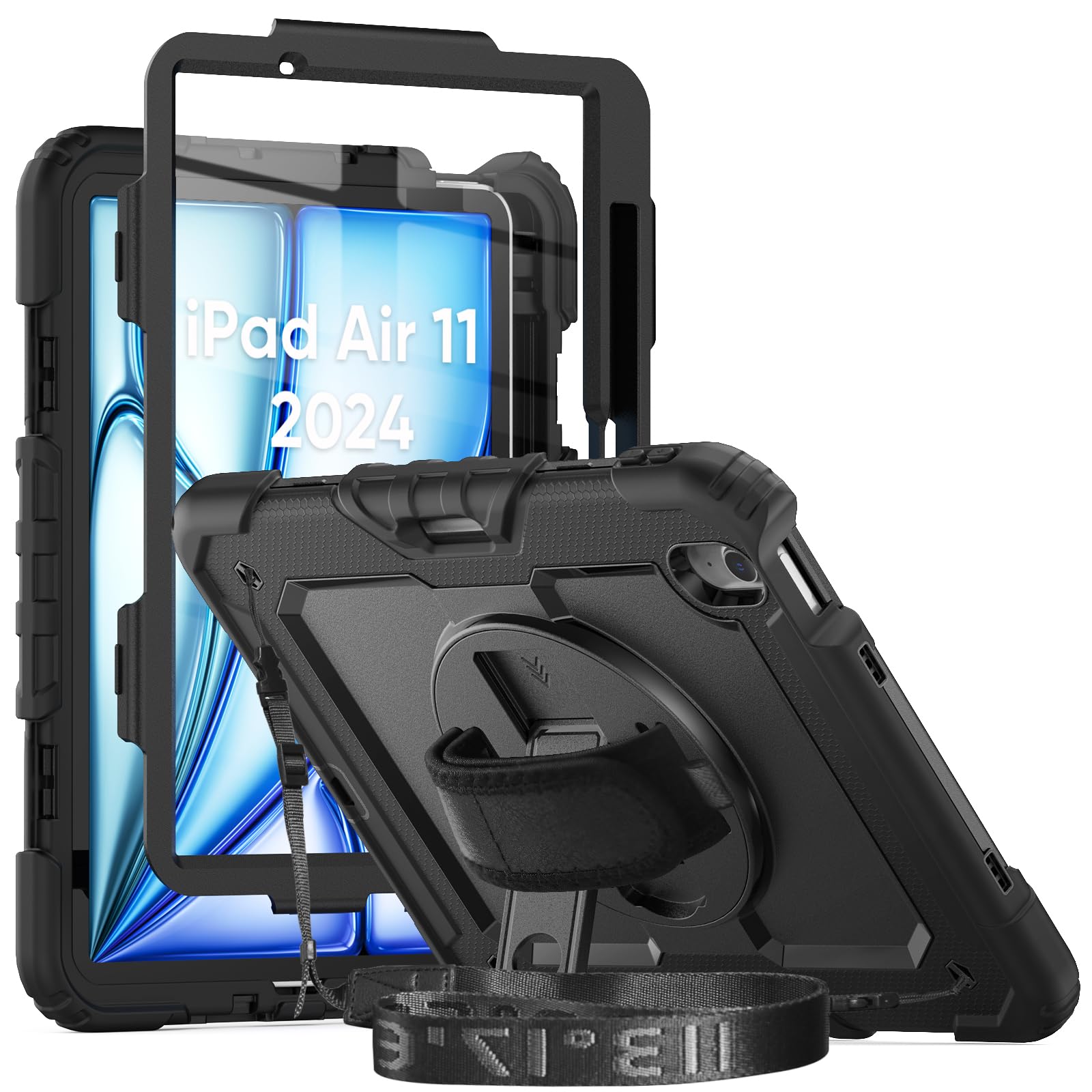 Herize iPad Air 11 Inch Case (2024/2025, 7th/6th Gen) - Shockproof Silicone Cover with Built-in Stand, Screen Protector & Pen Holder | Shoulder Strap Included | Perfect for Work, Travel & Outdoor Use
