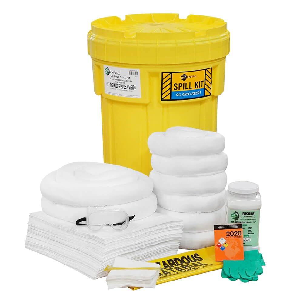 Enpac 30-Gallon Oil-Only Spill Containment Kit | Weatherproof Yellow Salvage Drum | 23-Gallon Capacity for Safe Hazardous Waste Disposal | Ideal for Industrial Workplaces & Emergency Spill Response