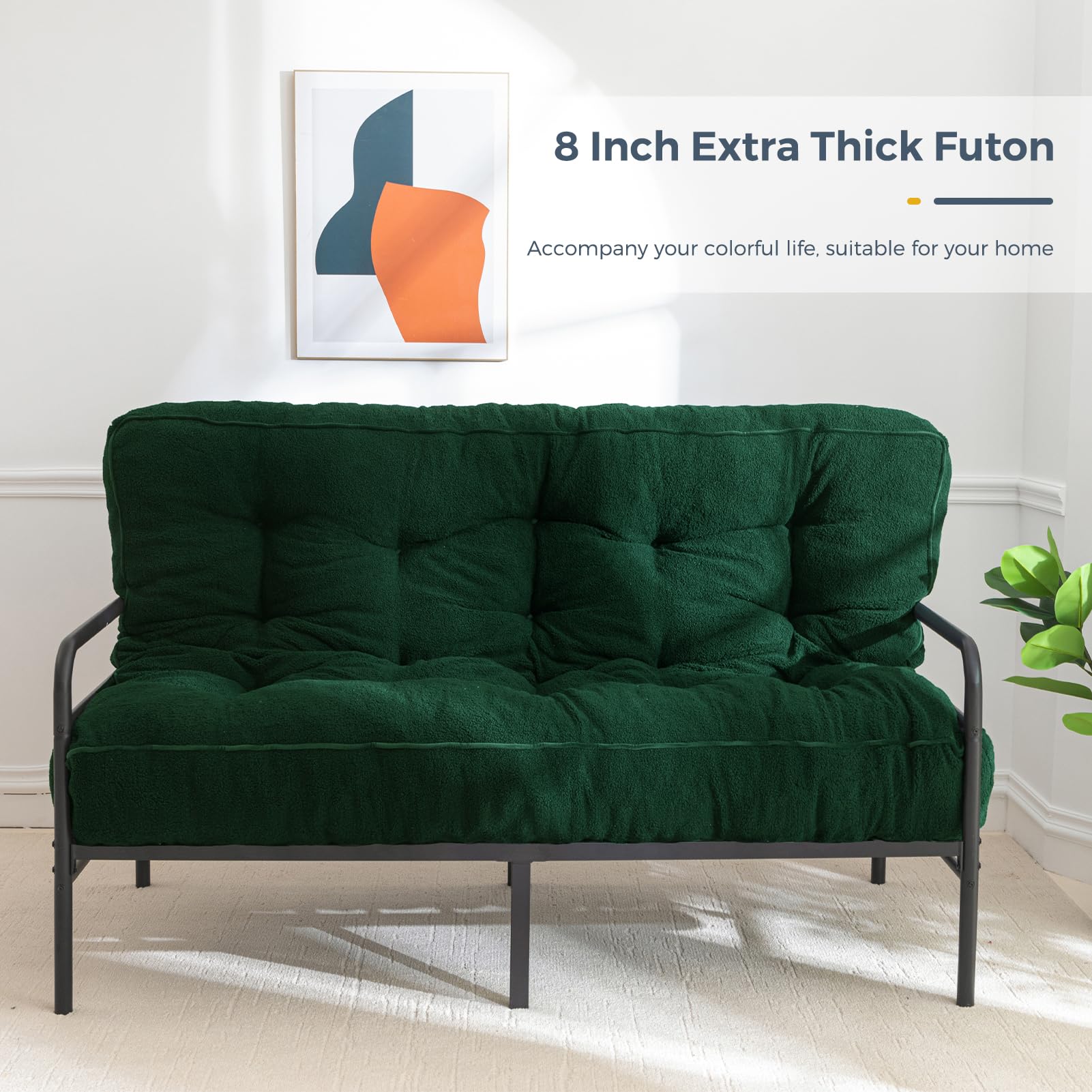 MAXYOYO 8 Inch Tufted Futon Sofa Bed with Thick Boucle Fabric - Convertible Floor Mattress for Adults (Mattress Only, Green) - Perfect for Small Spaces, Guest Rooms & Dormitory Use