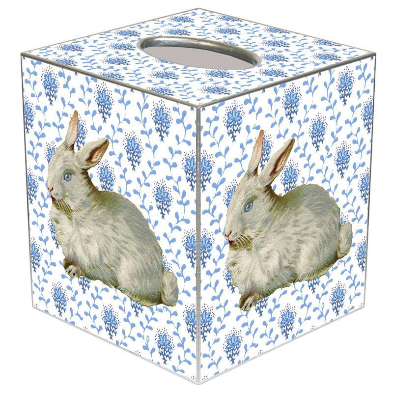 Blue Provincial Print Bunny Decoupage Wastebasket with Optional Tissue Box Cover - Elegant Bathroom & Bedroom Trash Can for Home Decor