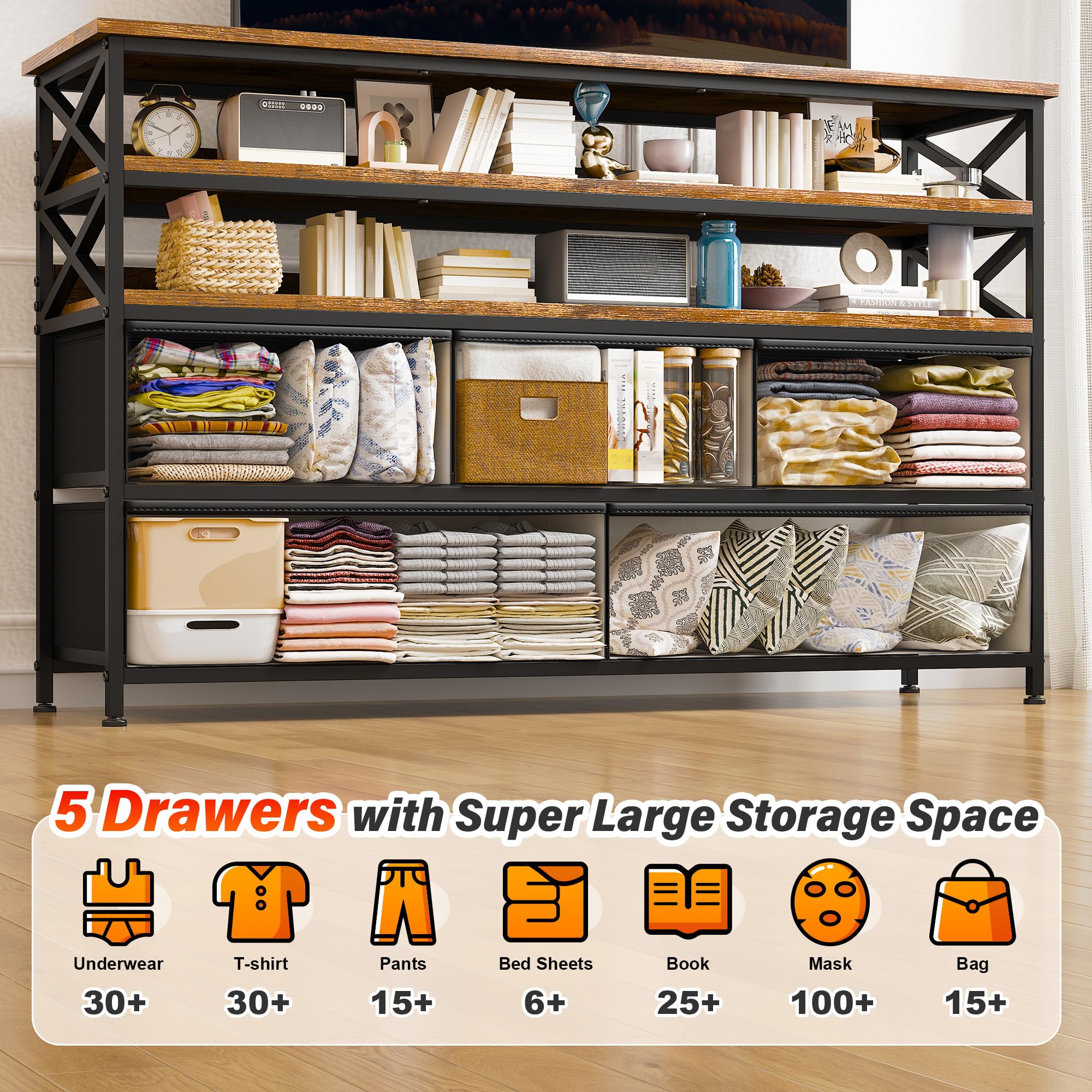 Rustic Brown TV Stand Dresser for 50 Inch TV - Sturdy Wooden Media Console with 5 Fabric Drawers & Open Shelves - Bedroom, Living Room, Entryway Storage Furniture (11.8