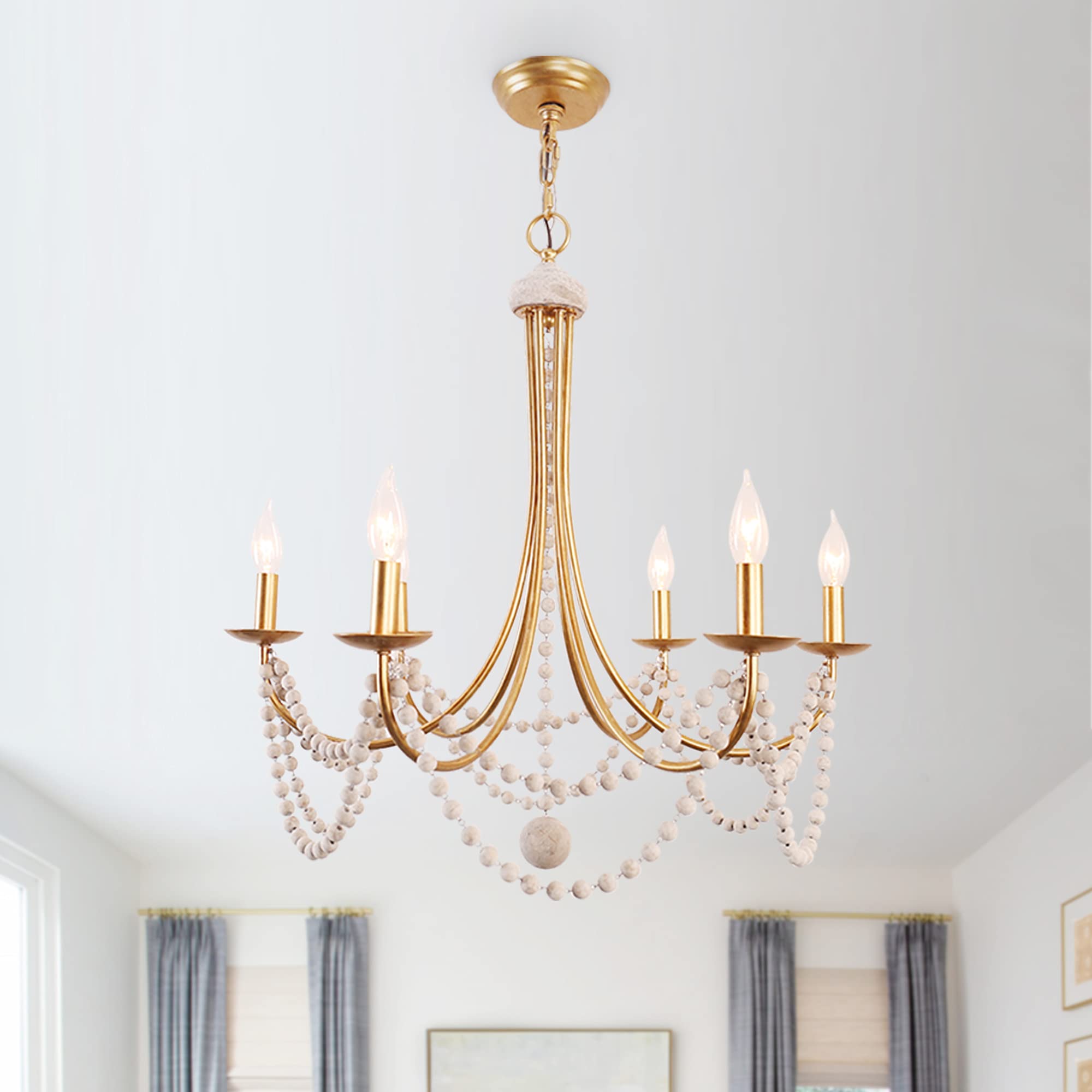 6-Light Farmhouse Wood Beaded Chandelier with Empire Design - Gold French Country Dining Room Lighting for Bedroom, Living Room & Entryway | Perfect for Rustic Home Decor & Wedding Venues