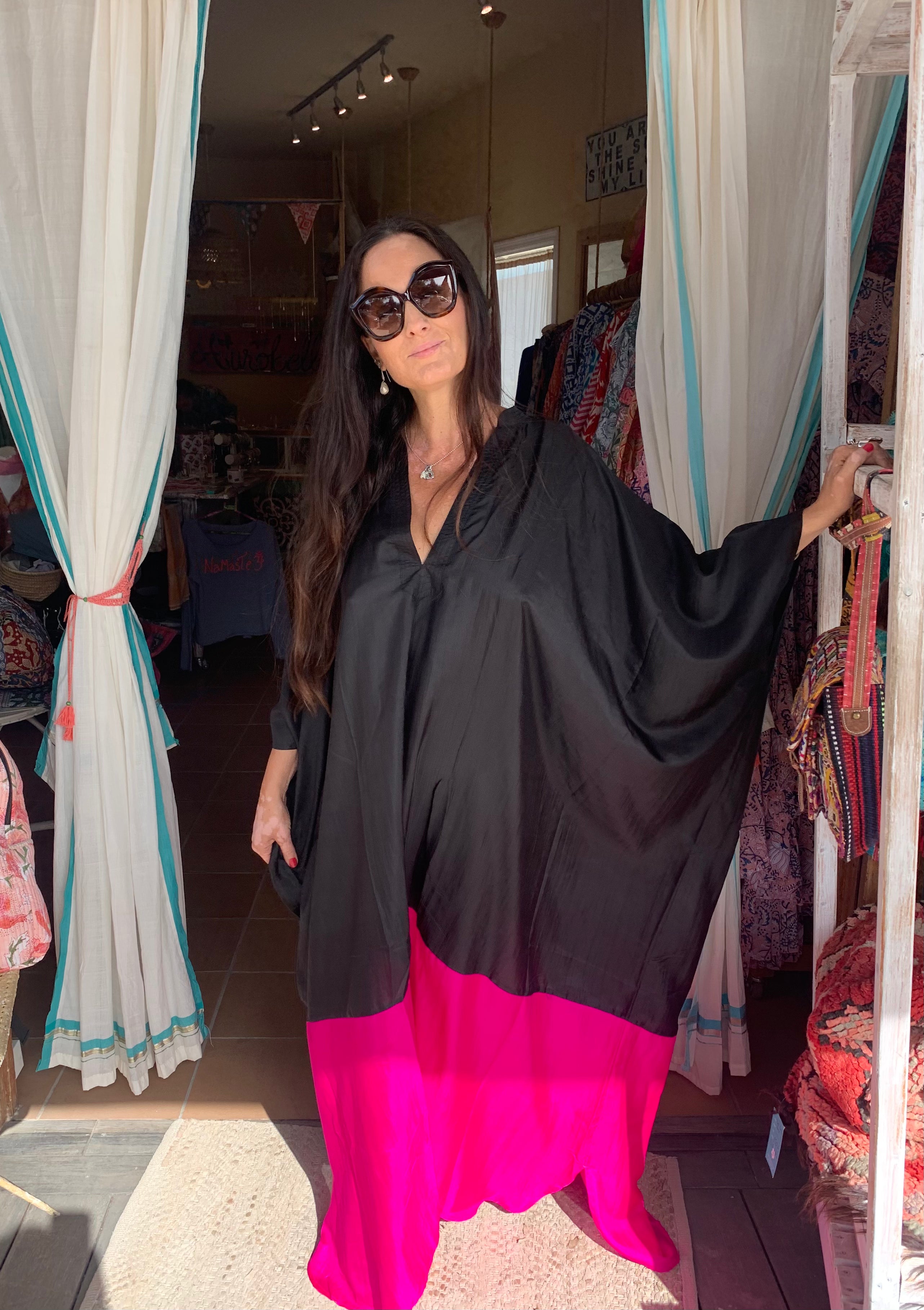 Luxury Silk Kaftan Dress for Women - Black & Pink Medium Length Elegant Loungewear for Home, Beach, and Special Occasions
