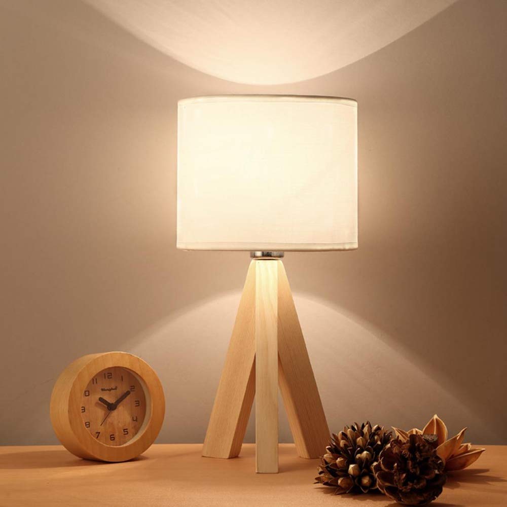 Modern Wooden Tripod Bedside Lamp with Fabric Linen Lampshade - Eye-Protecting Desk Lamp for Bedroom, Living Room & Office - Simple Nordic Style Nightstand Lighting for Home Decor