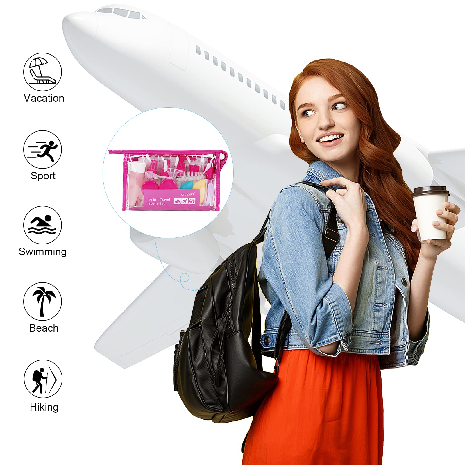 19 Pack TSA Approved Leak Proof Travel Bottles Set - 2oz Refillable Toiletries Containers for Shampoo, Conditioner & Lotion with Quart Bag (Pink) | Perfect for Air Travel, Vacation Essentials & Gym Toiletry Organization