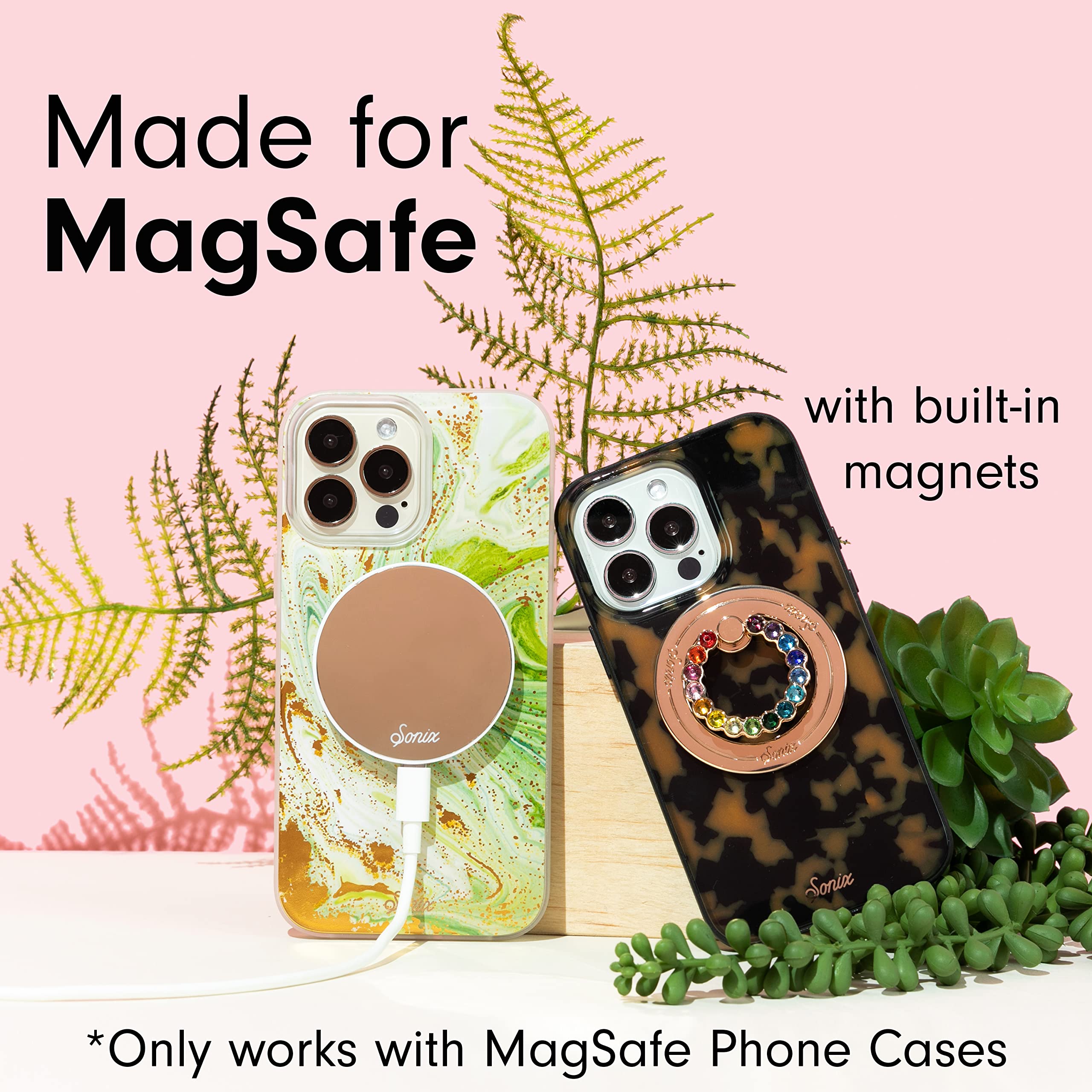 Sonix Magnetic Phone Grip & Ring Holder - MagSafe Compatible Rotatable Kickstand for iPhone 16, 15, 14, 13, 12 Series - Gold/Clear Rhinestone - Perfect for Hands-Free Viewing and Secure Grip