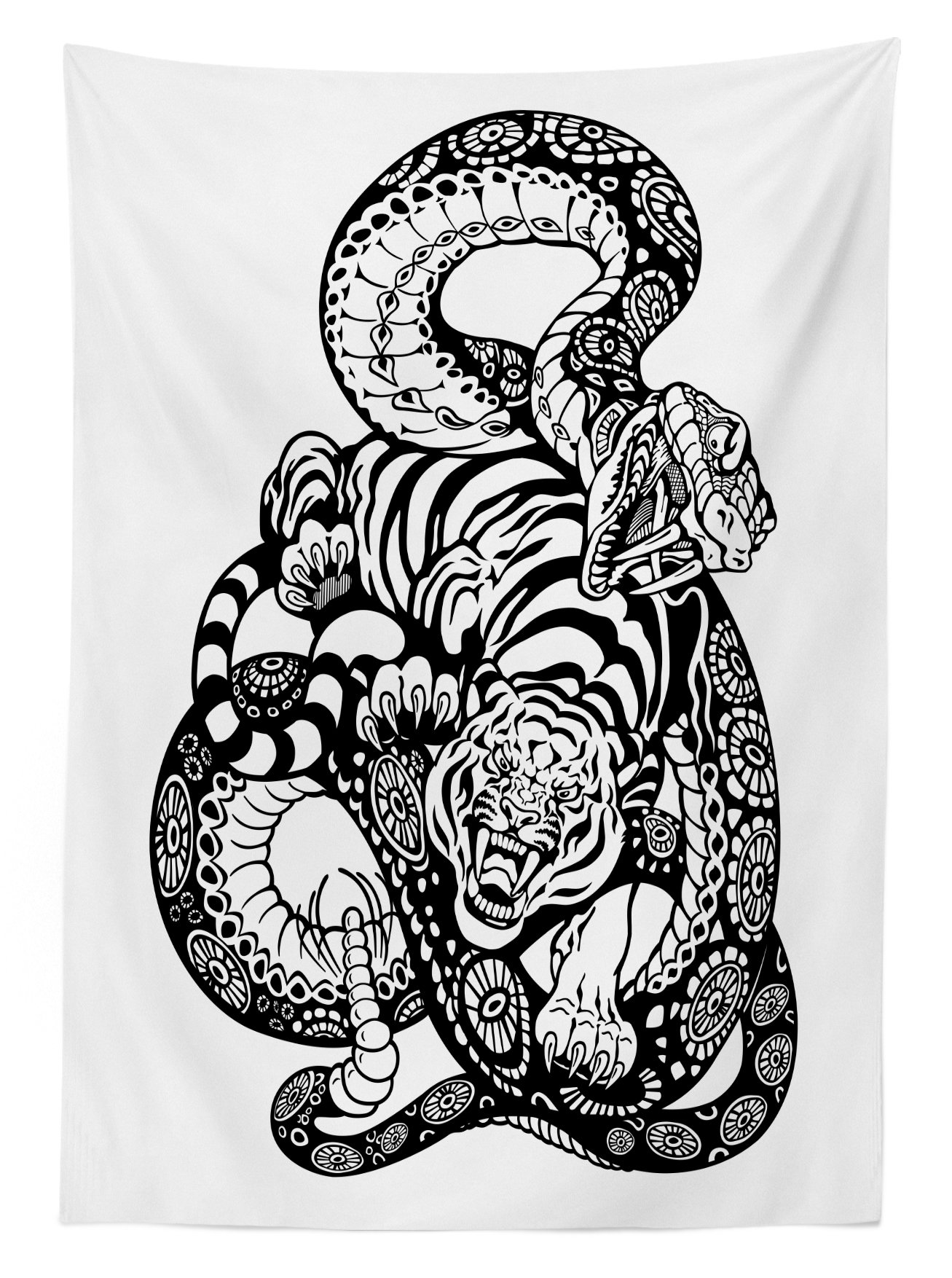 Ambesonne Tiger Outdoor Tablecloth - Tattoo Style Design with 2 Animals & Snake, Washable Picnic Table Cover 58x84 Inches, Black & White - Perfect for BBQs, Camping & Outdoor Dining