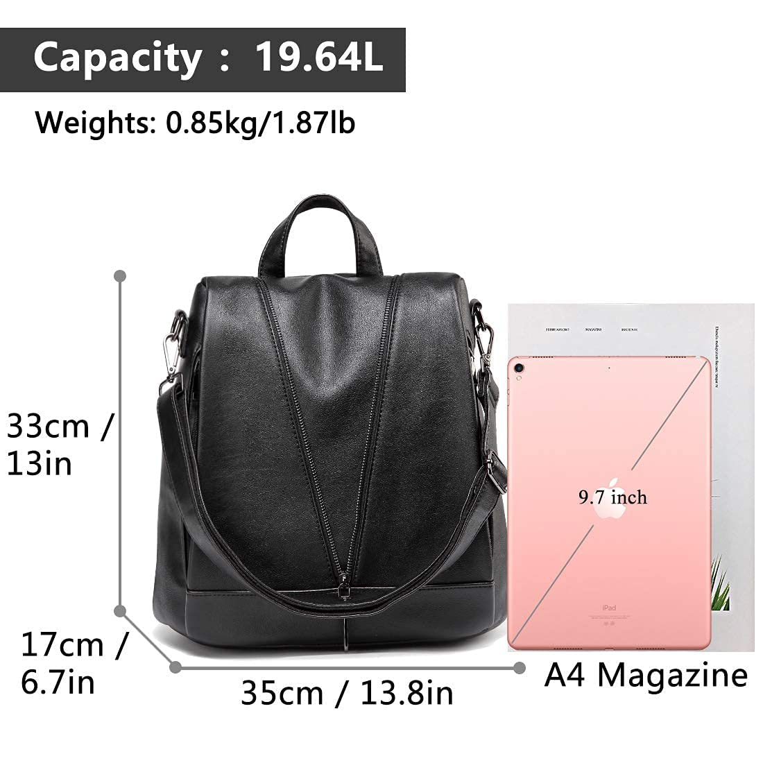 Kasqo Anti-Theft Leather Backpack Purse for Women - Water Resistant Travel Backpack in Black | Perfect for Commuting, Shopping & Daily Use