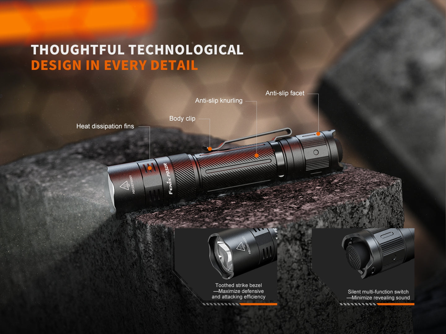 Fenix PD32R Rechargeable LED Flashlight with Silent Switch - 1000 Lumens, Compact & Powerful for Camping, Hiking, Emergency Use